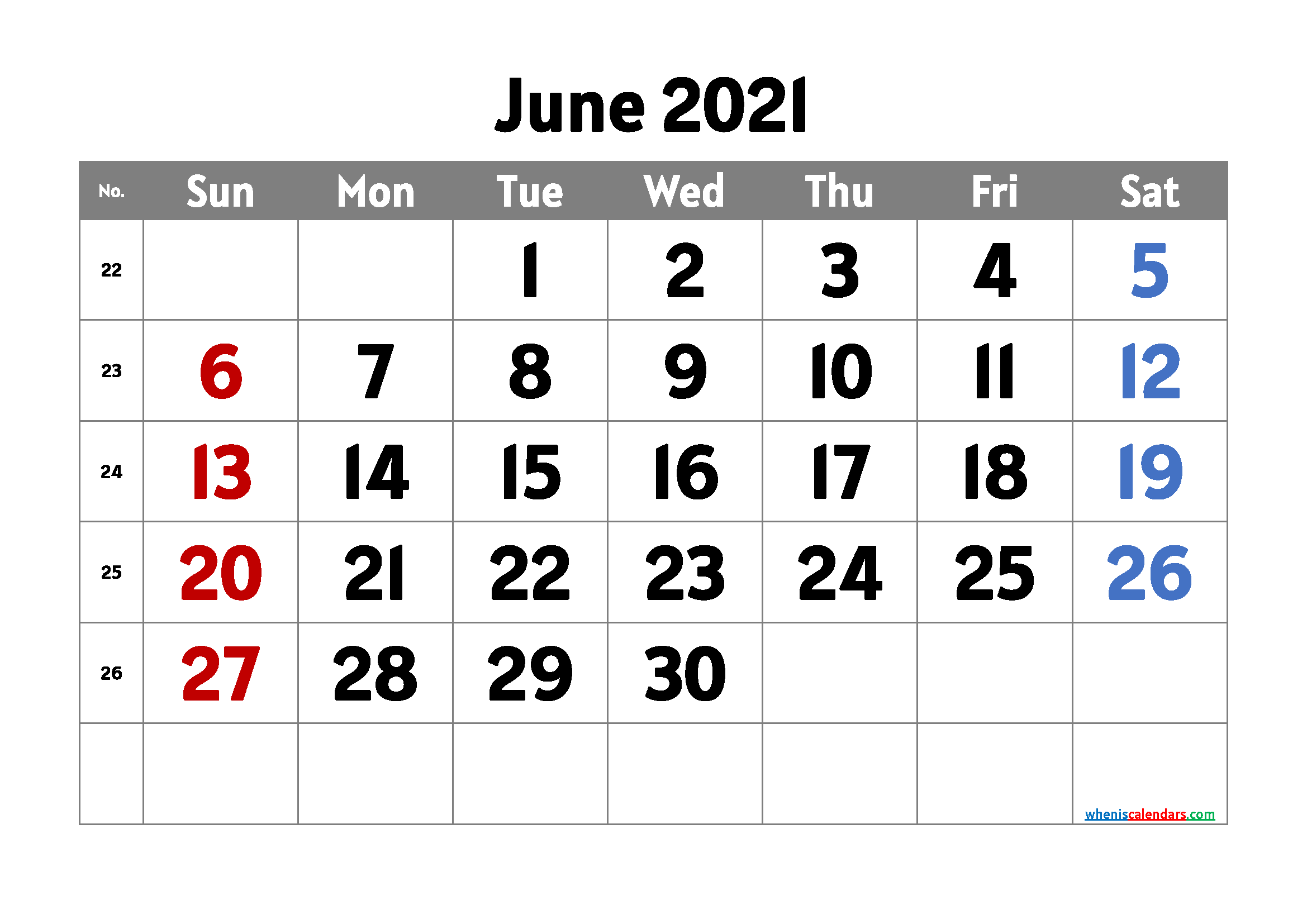 June 2021 Calendar Printable Free