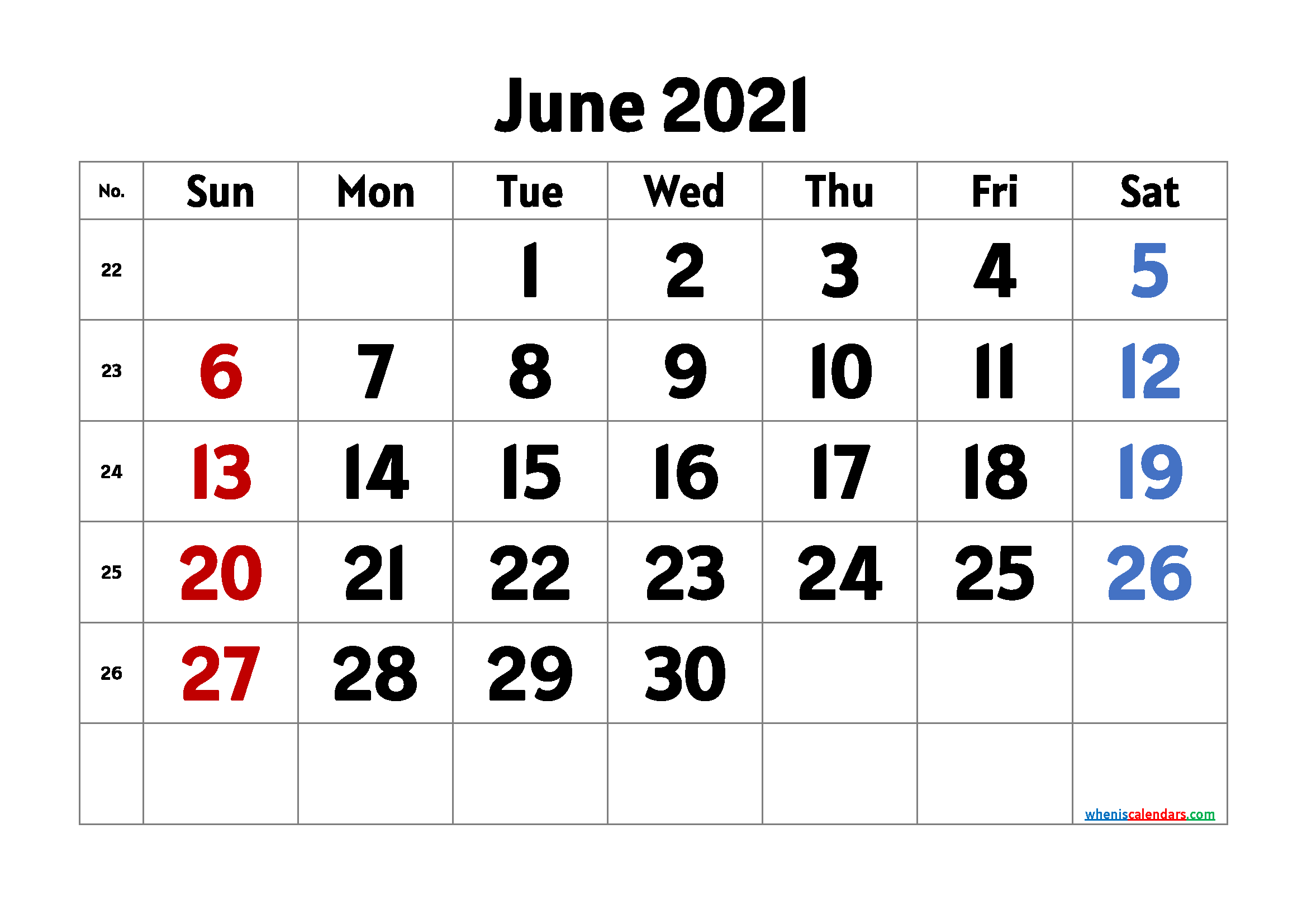 Calendar June 2021 Printable Free