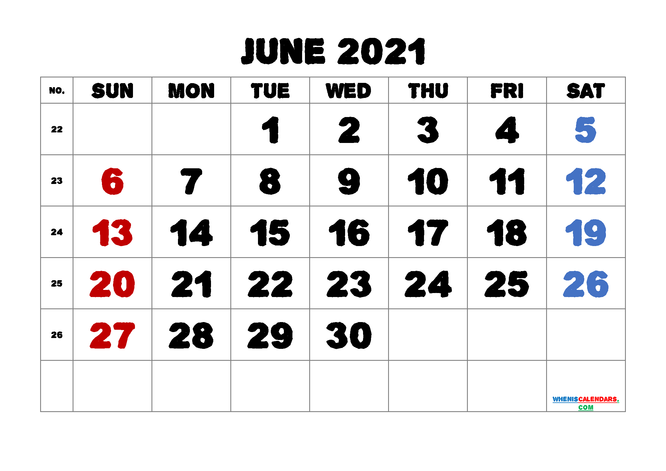 Calendar June 2021 Printable Free