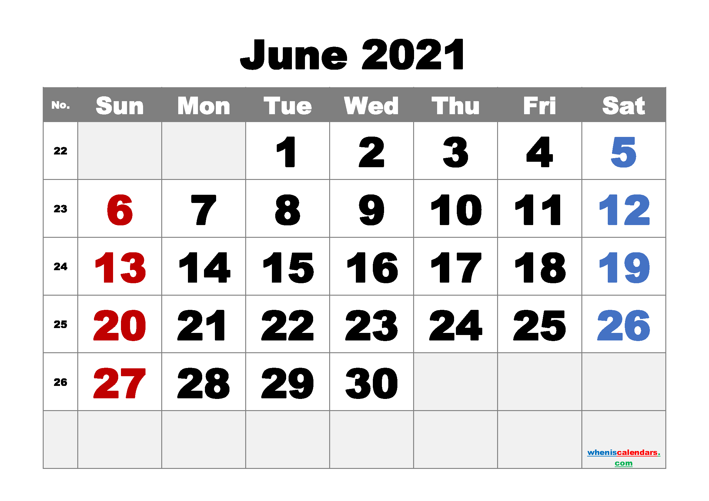 Printable June 2021 Calendar Free | Template M21ArialBlack2