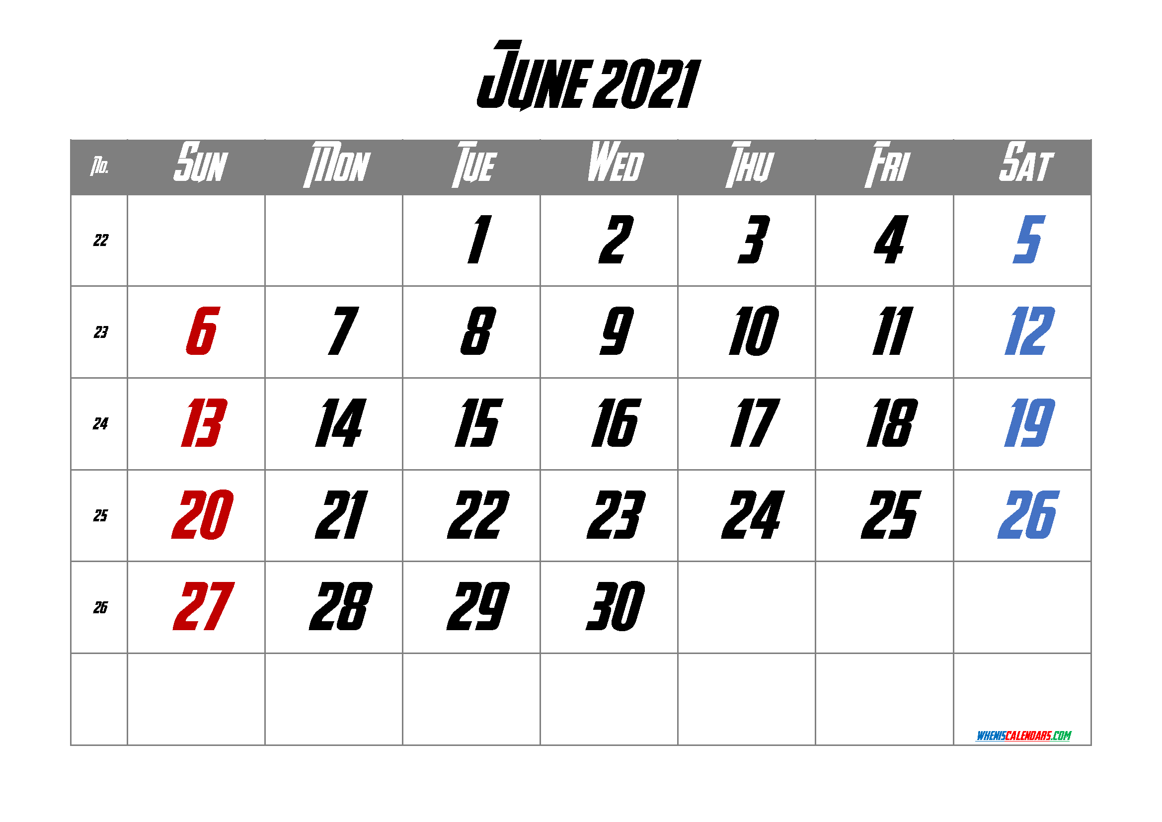 Calendar June 2021 Free Printable