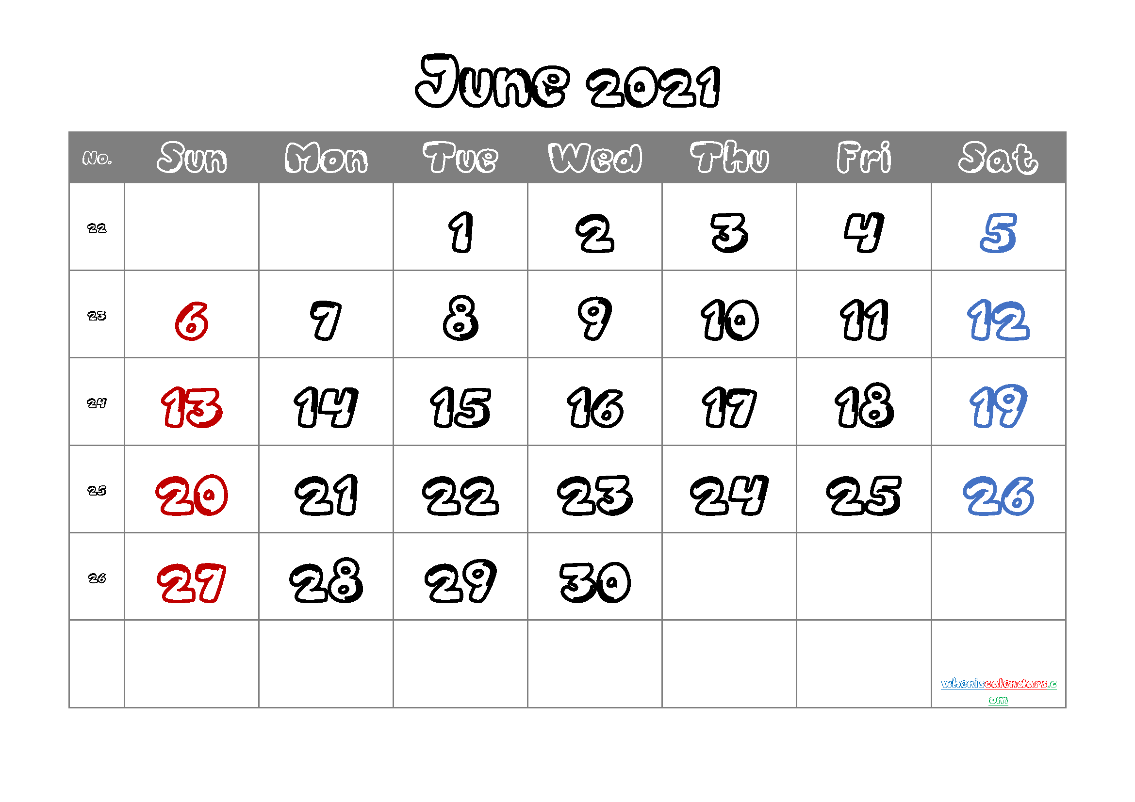 June 2021 Calendar Printable Free