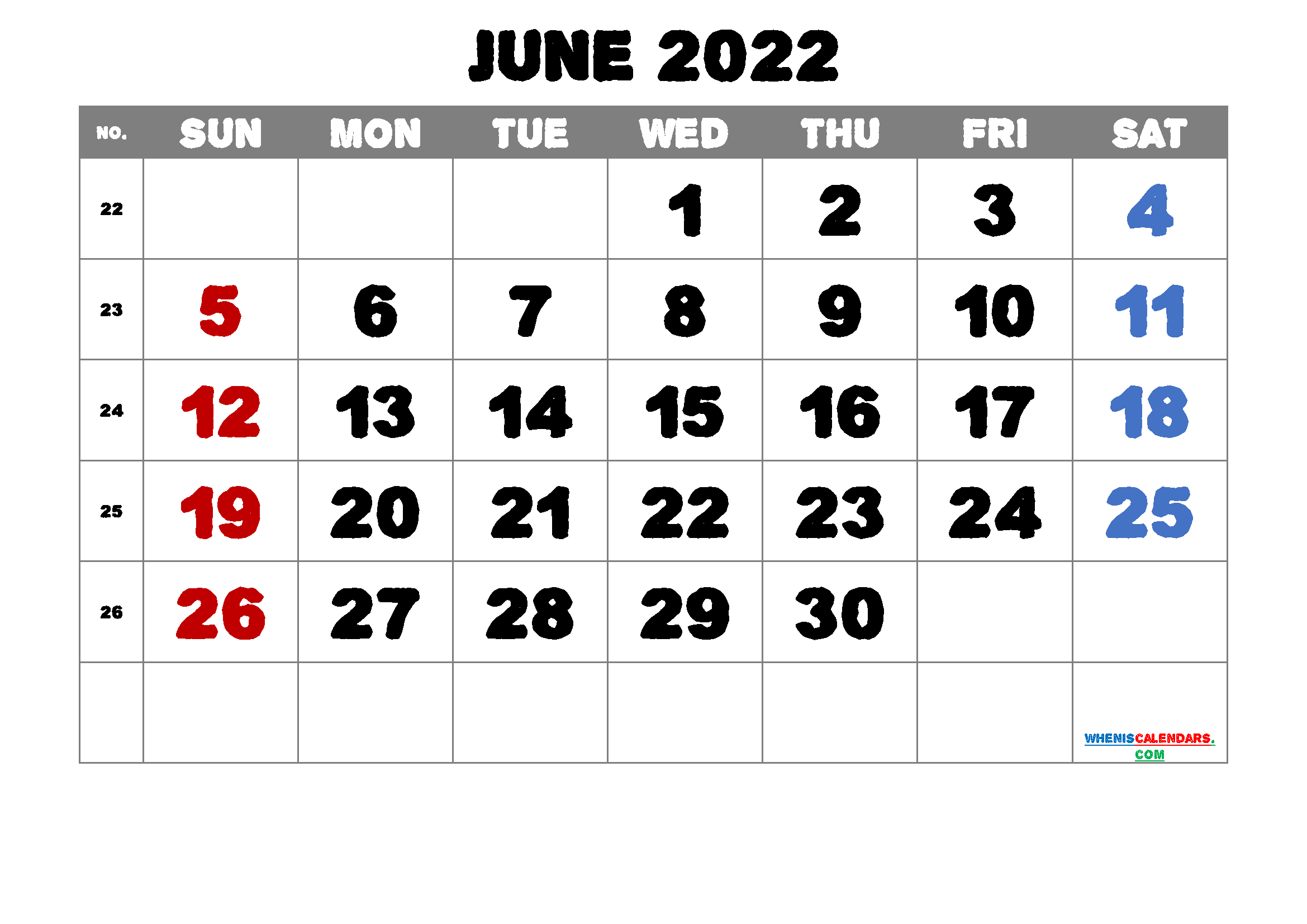 Free Blank Calendar June 2022