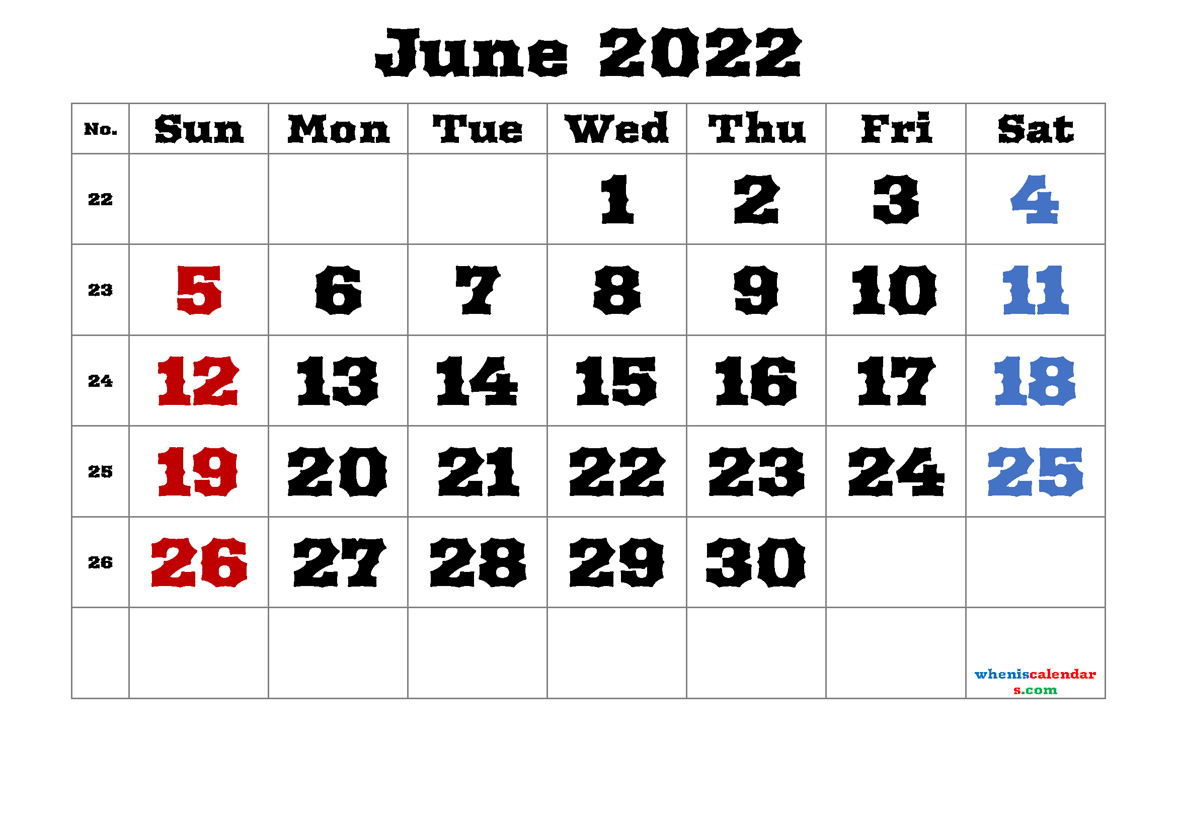 Free Printable June Calendar 2022