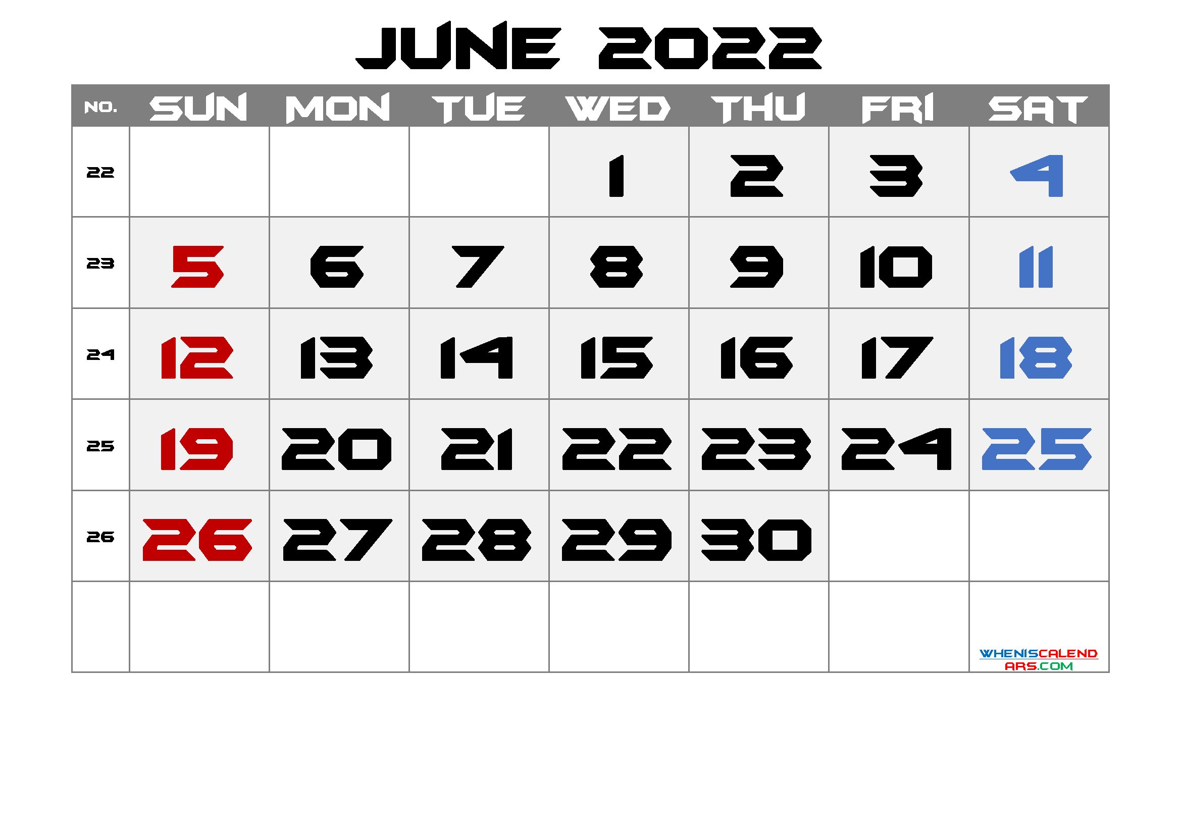 Free Blank Calendar June 2022