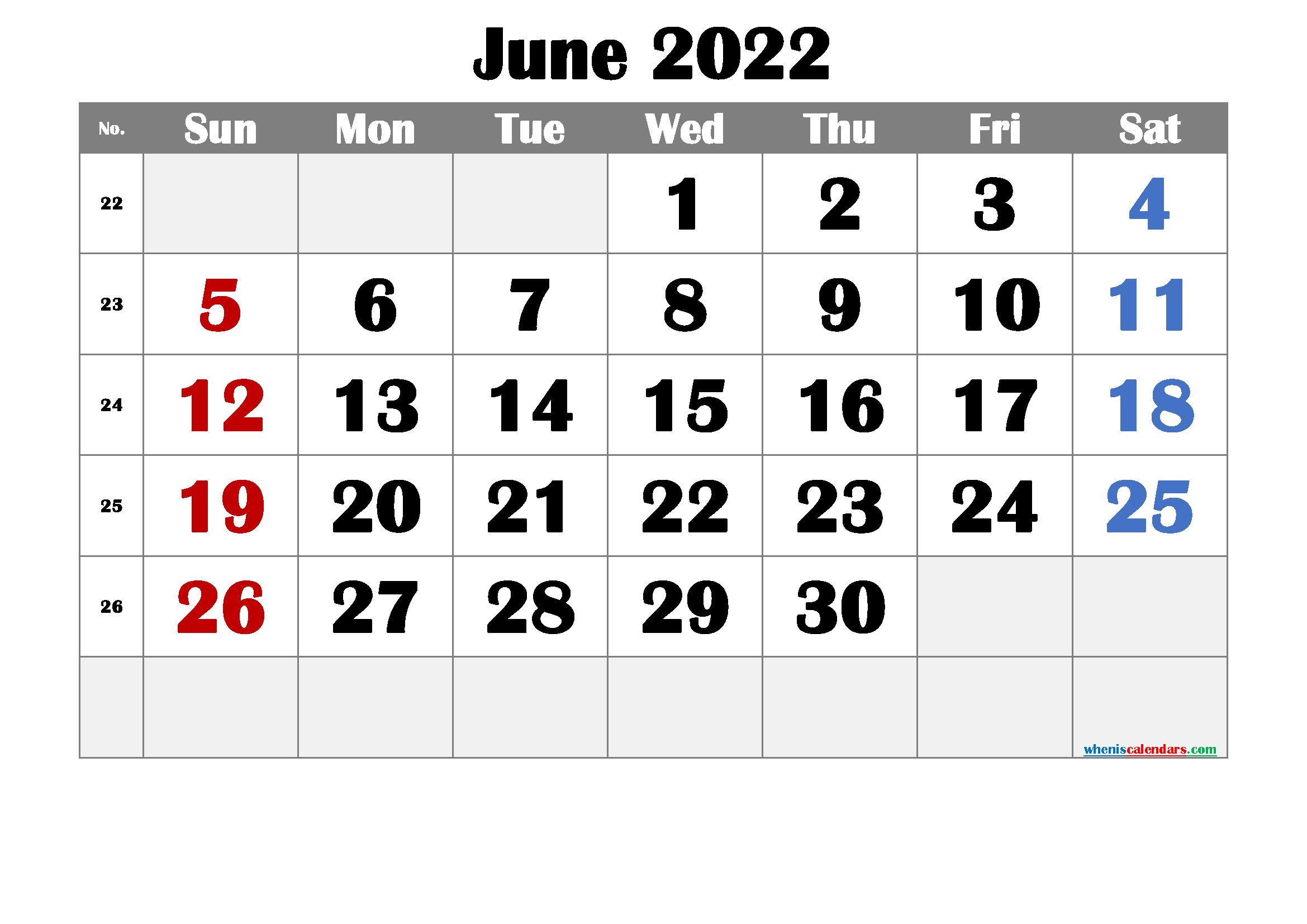 Free June 2022 Calendar with Holidays