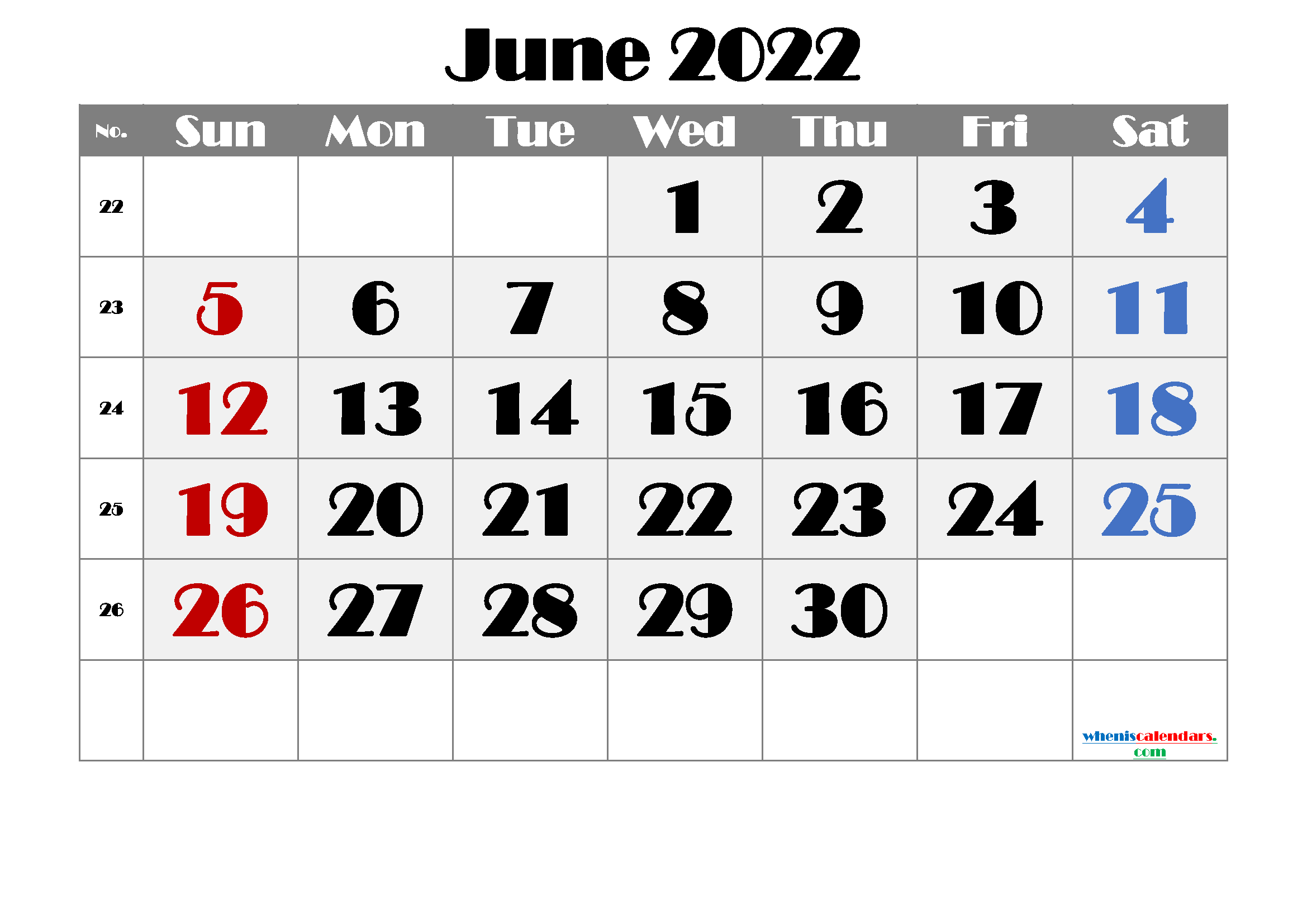 Free Printable June 2022 Calendar