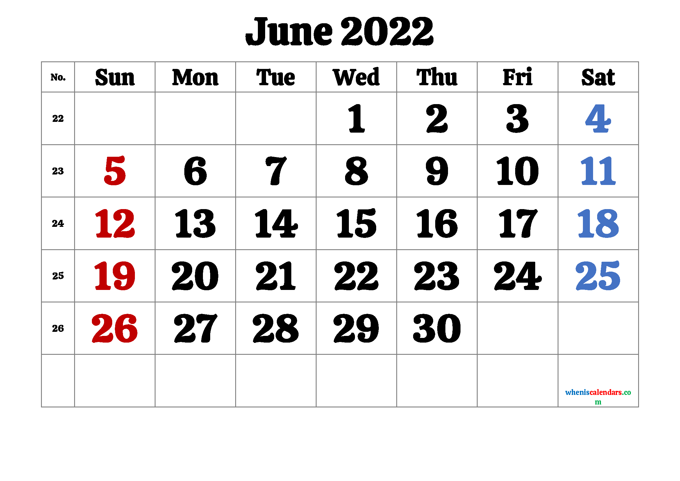 Free June 2022 Calendar Template