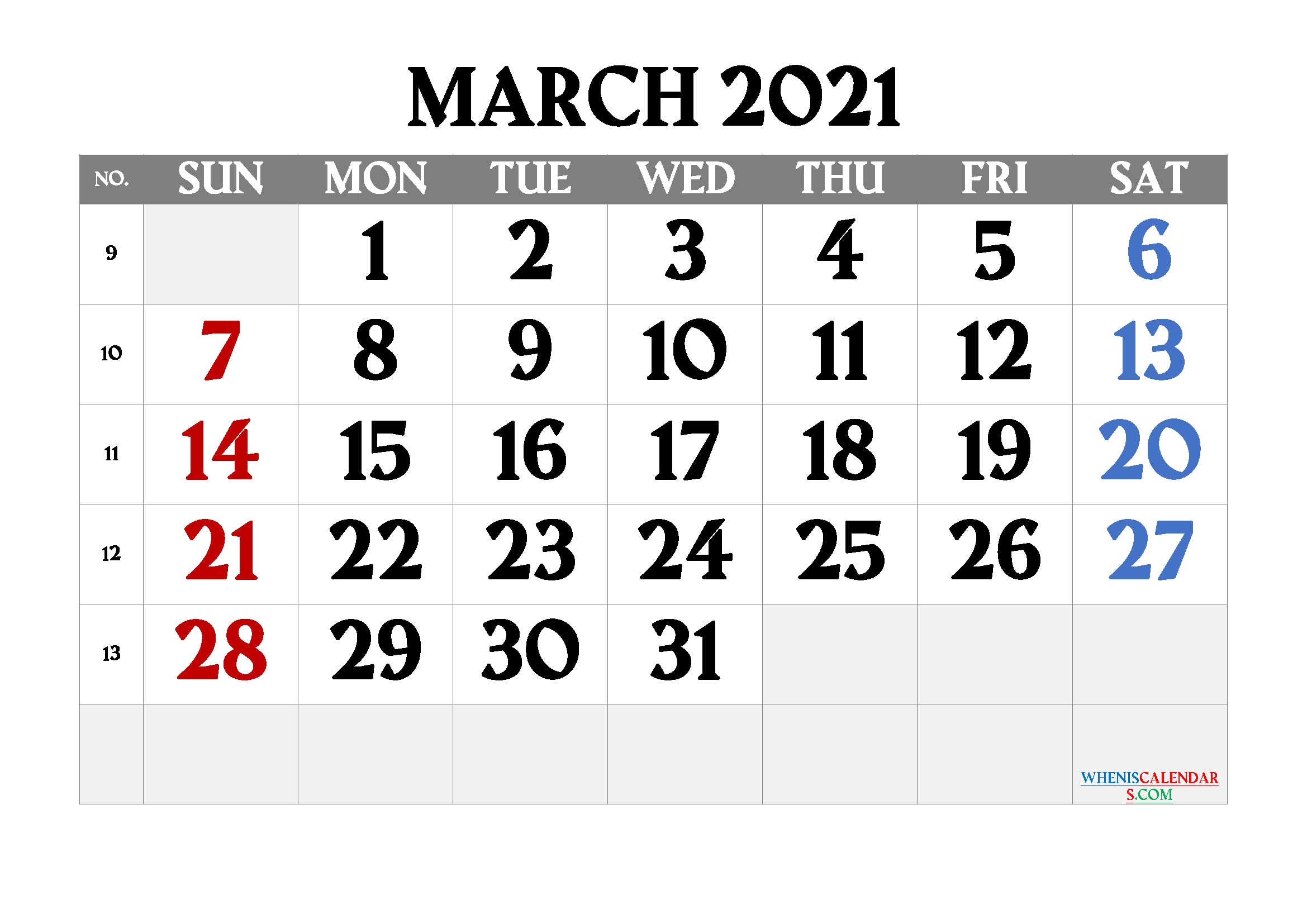 Printable March 2021 Calendar Free