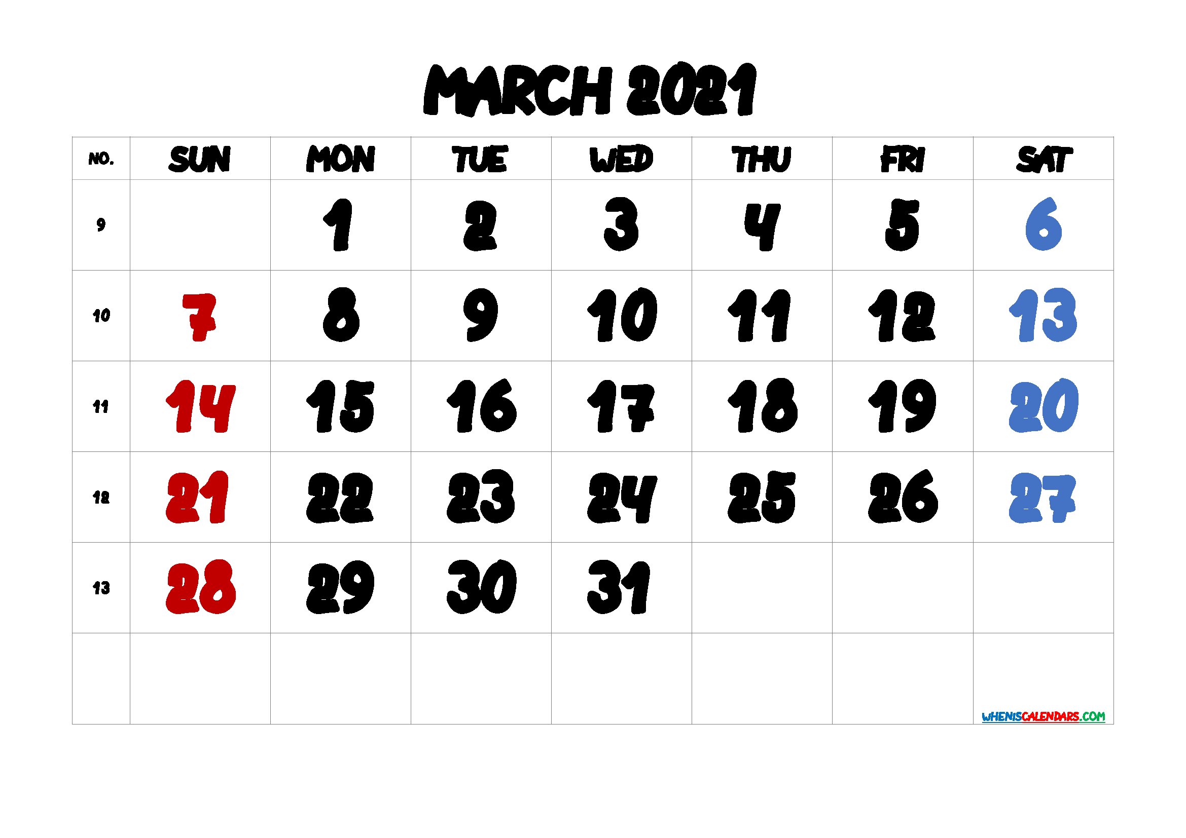 Free March 2021 Calendar Printable