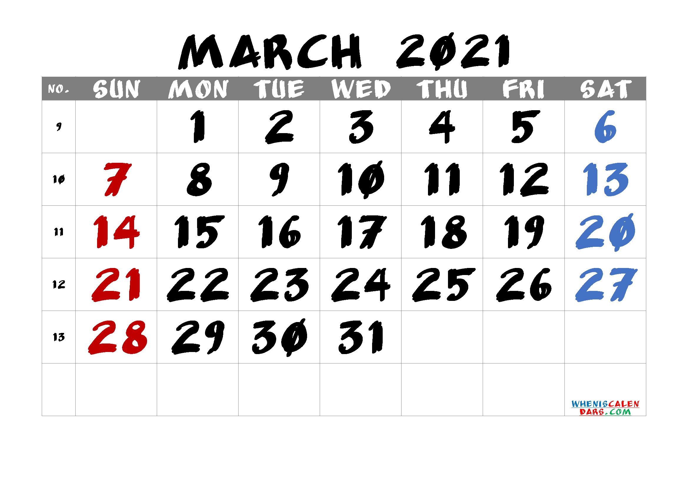 March 2021 Calendar Printable Free Template M21anudaw1