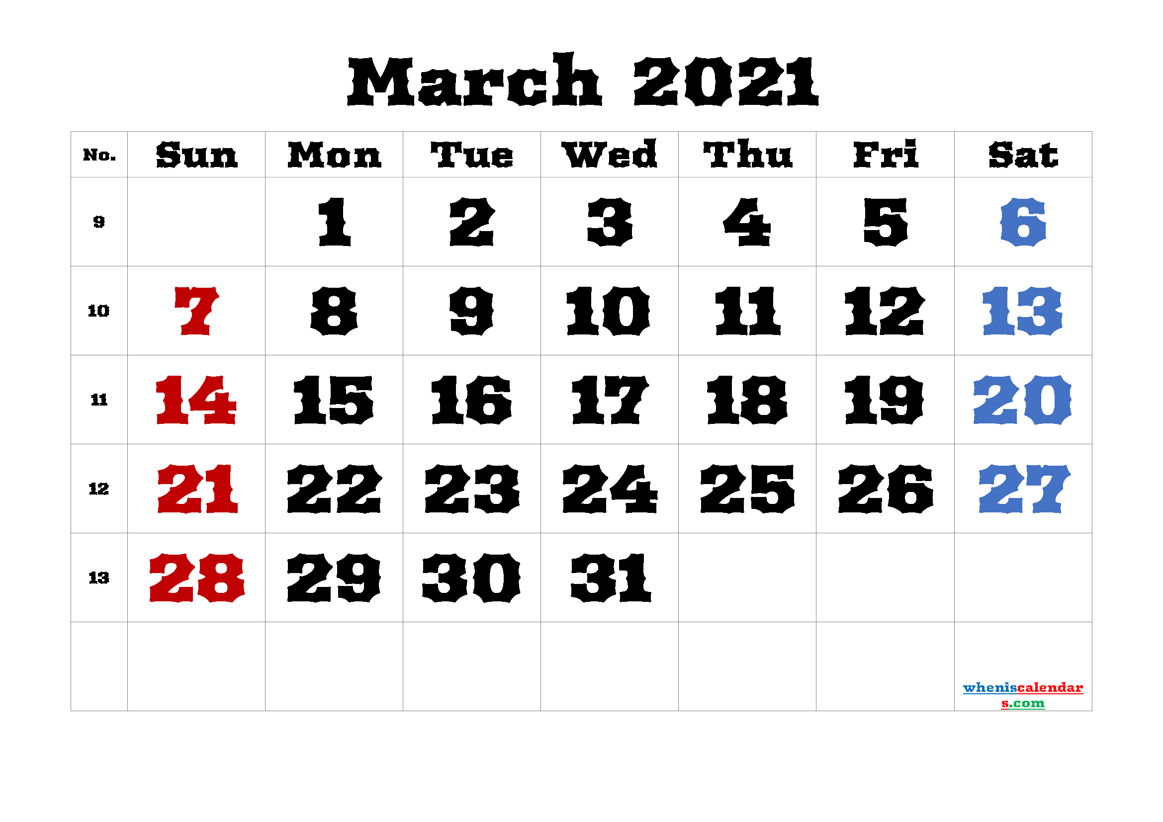 Free Printable March 2021 Calendar Template M21arbutus4