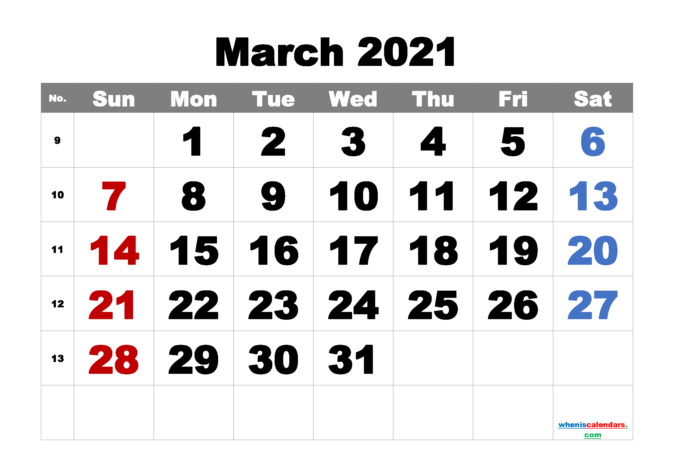 Free Printable March 2021 Calendar