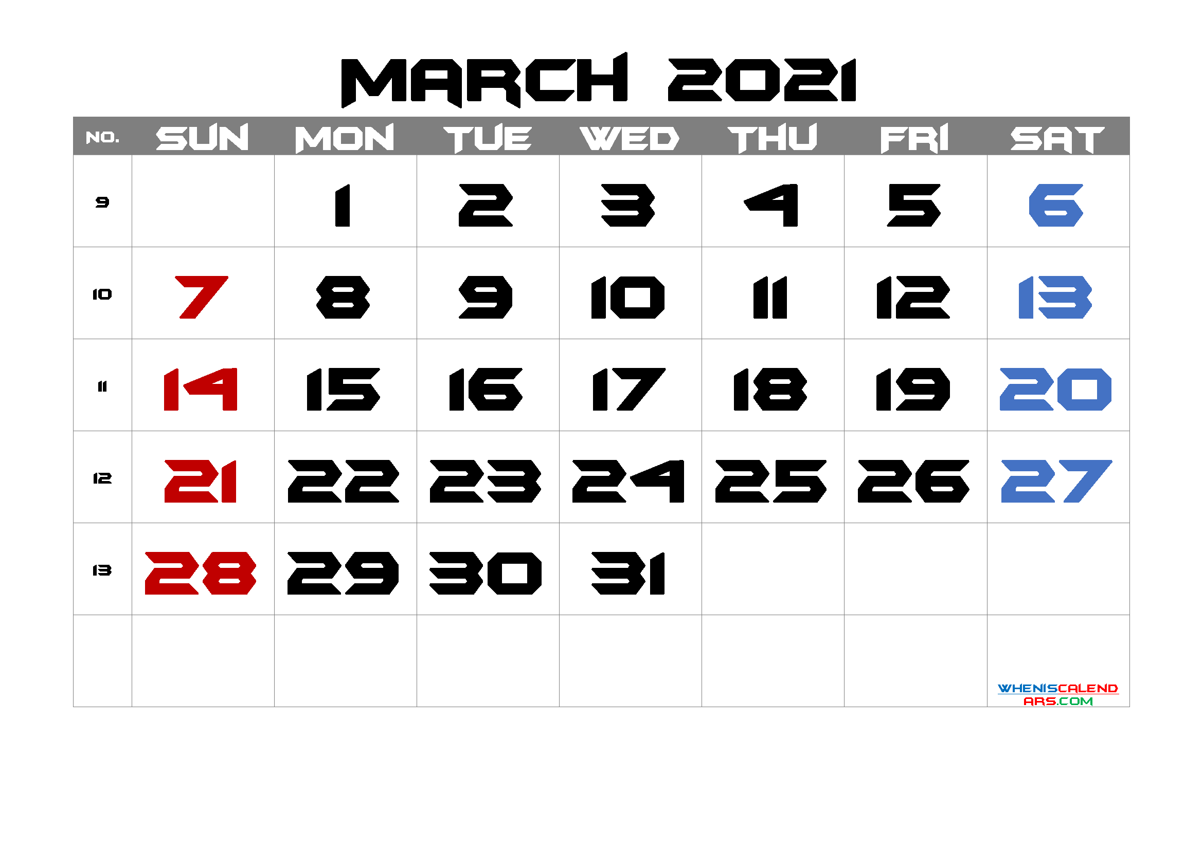 Calendar March 2021 Free Printable