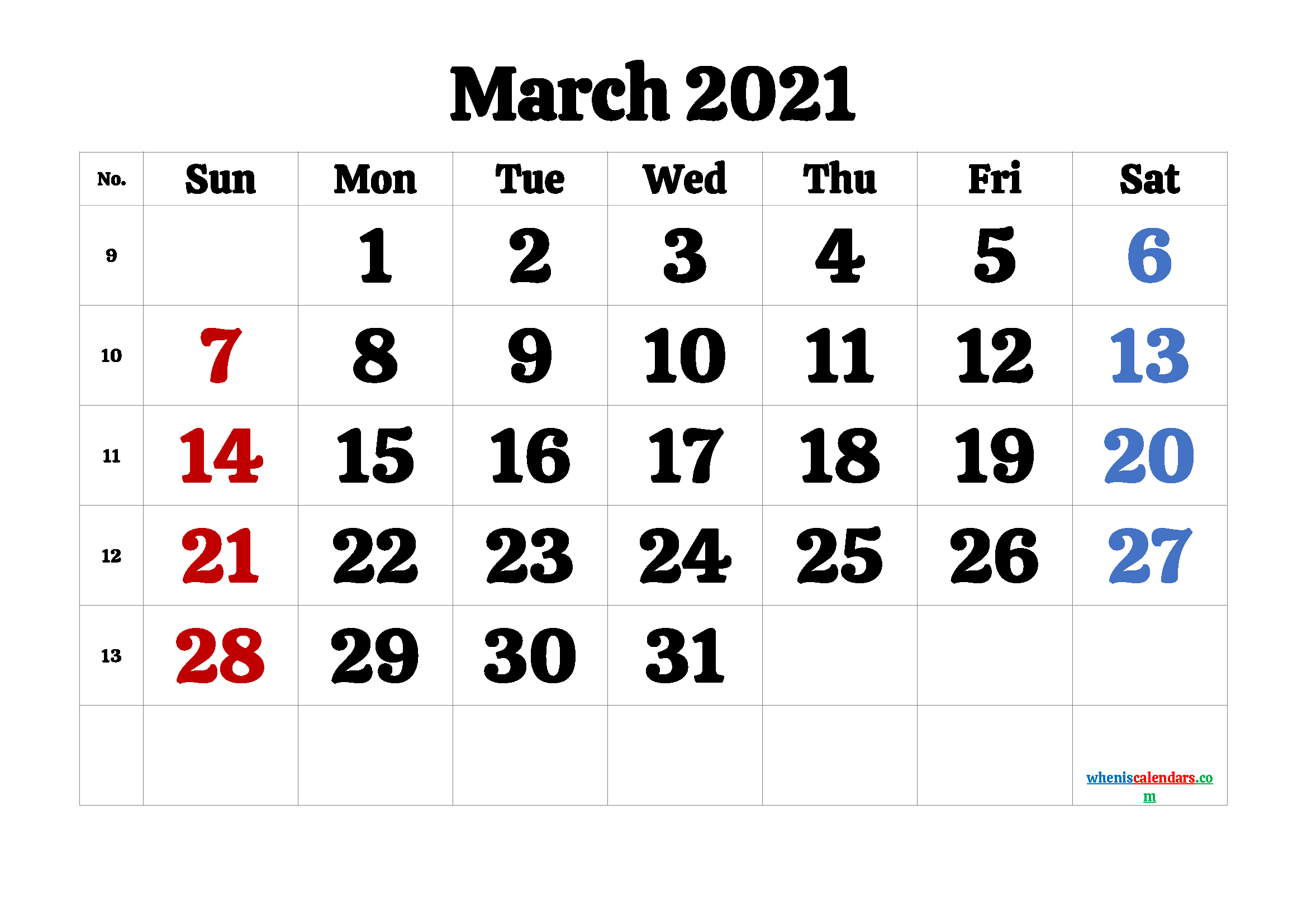 Calendar March 2021 Printable Free