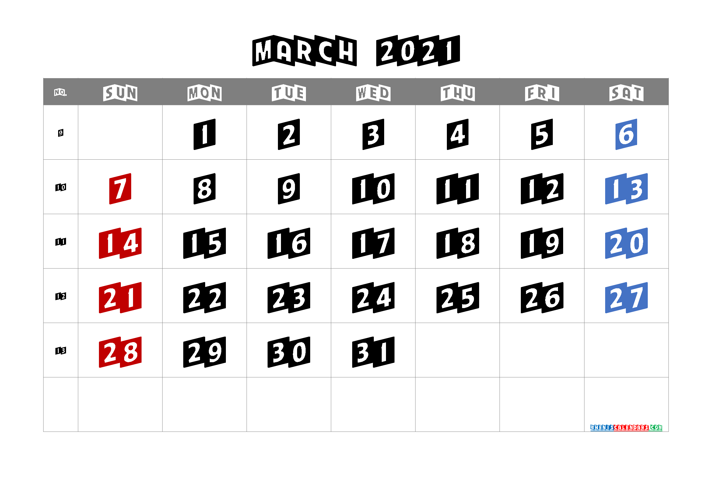 March 2021 Calendar Printable Free