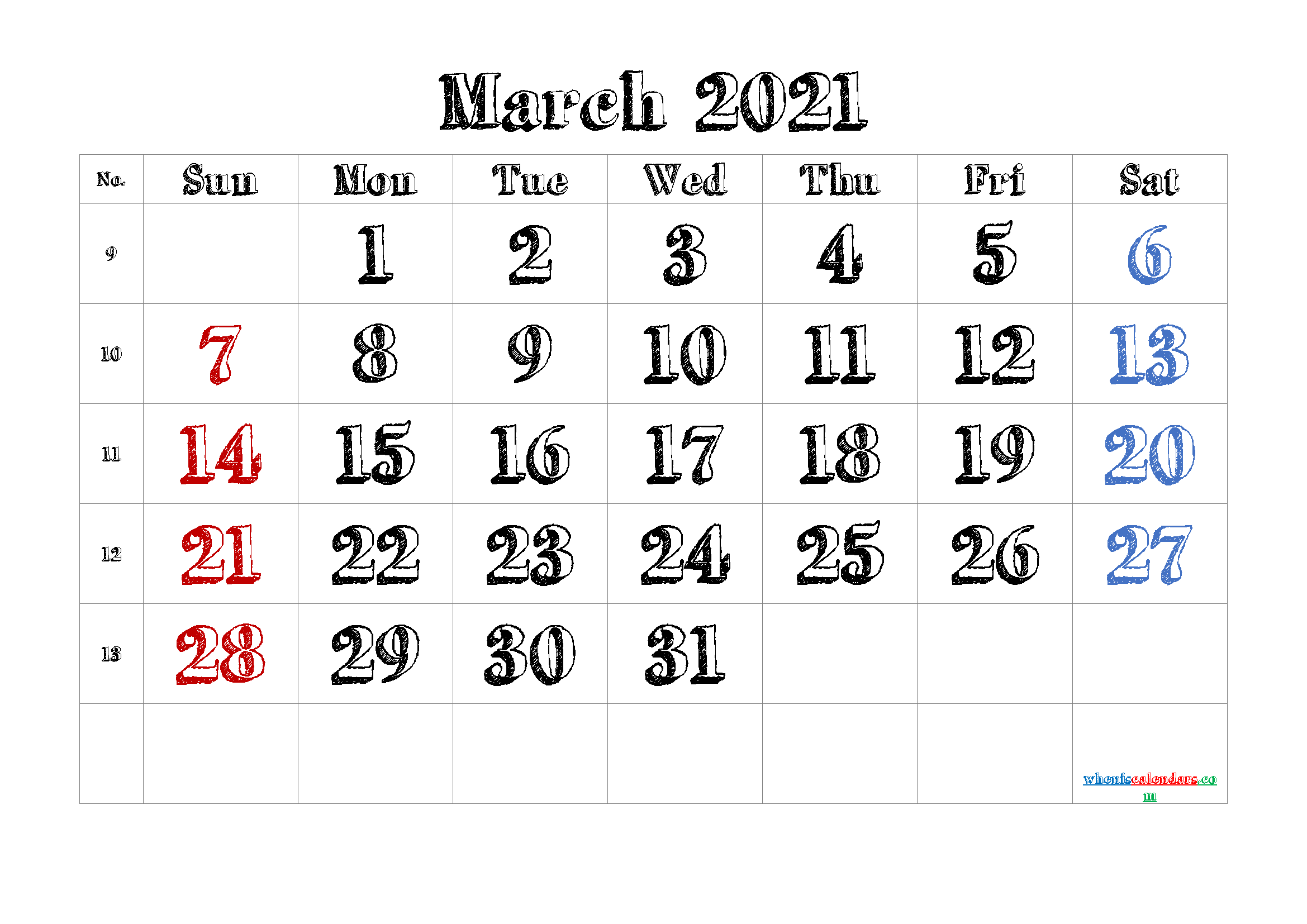 Calendar March 2021 Printable Free