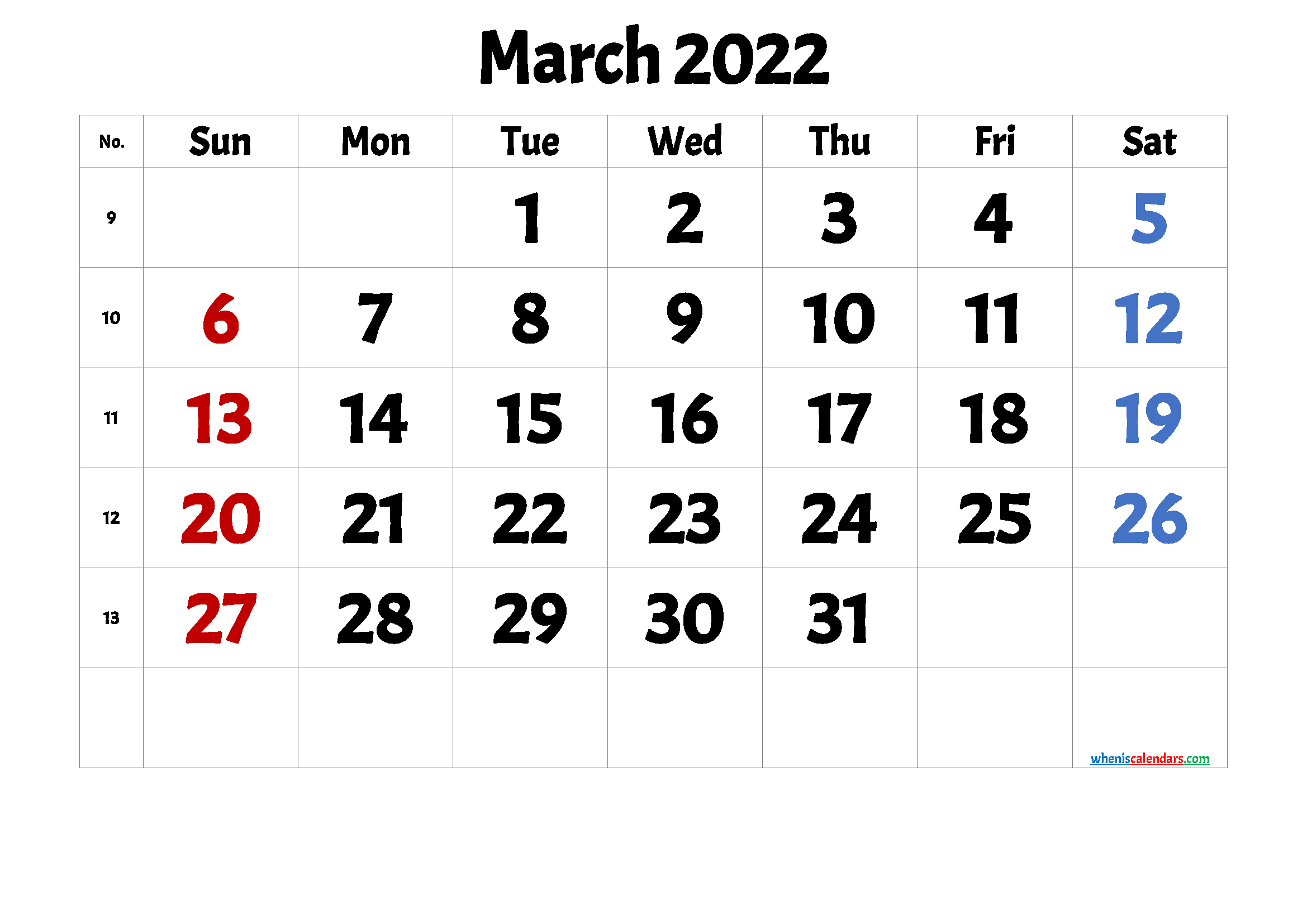 Free March Blank Calendar 2022