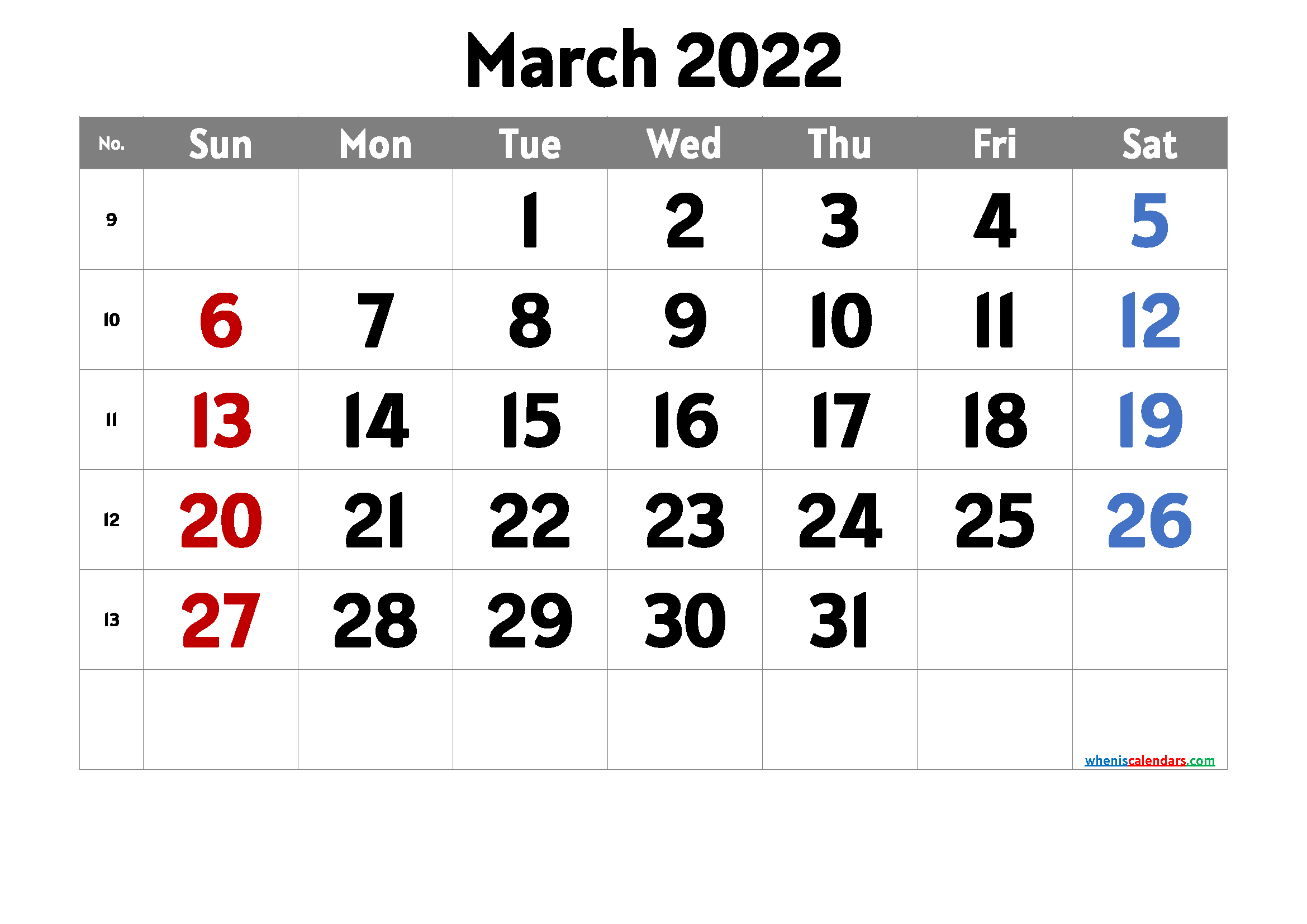 Free Blank Calendar March 2022