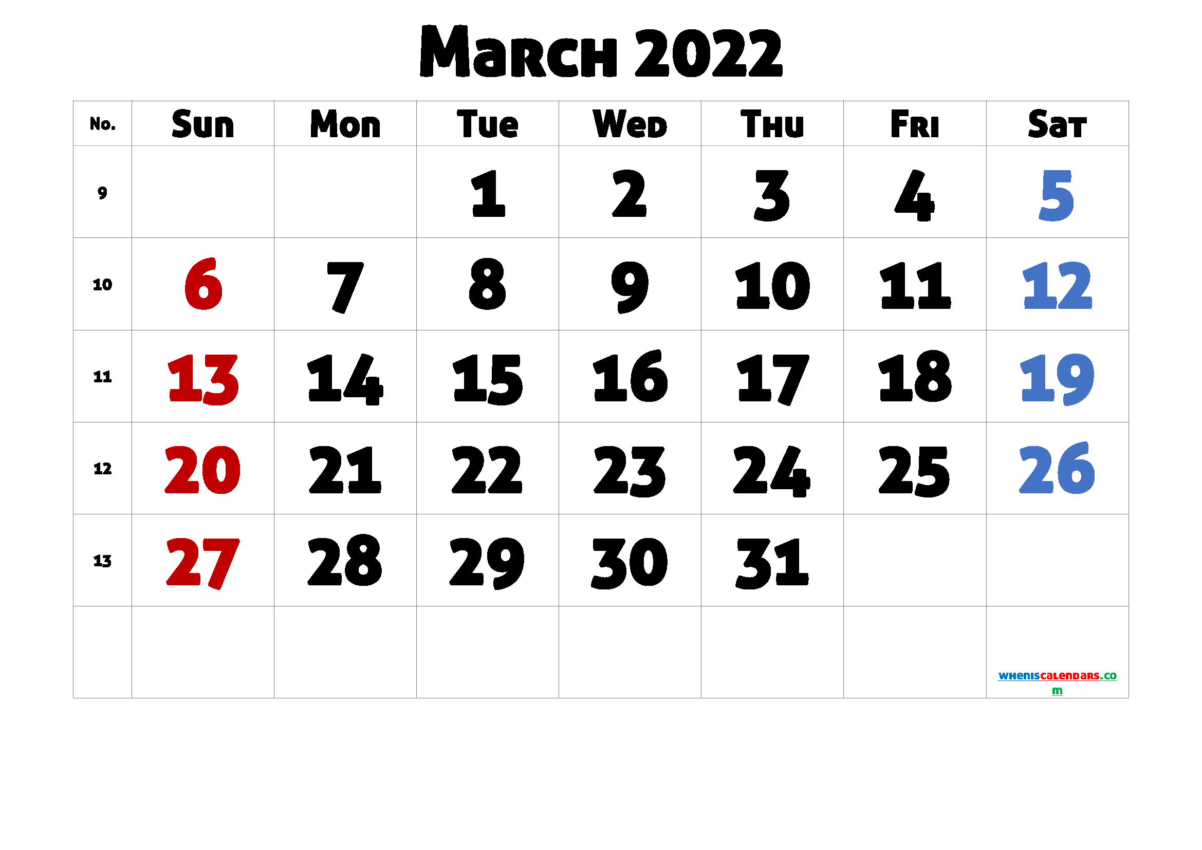 Free March 2022 Calendar with Holidays