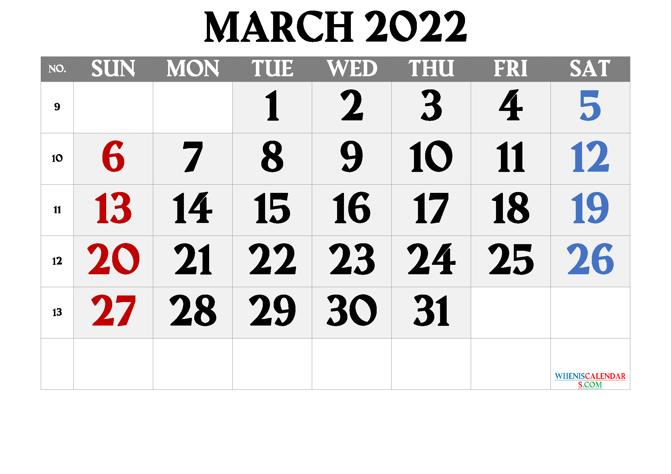 Free March 2022 Printable Calendar