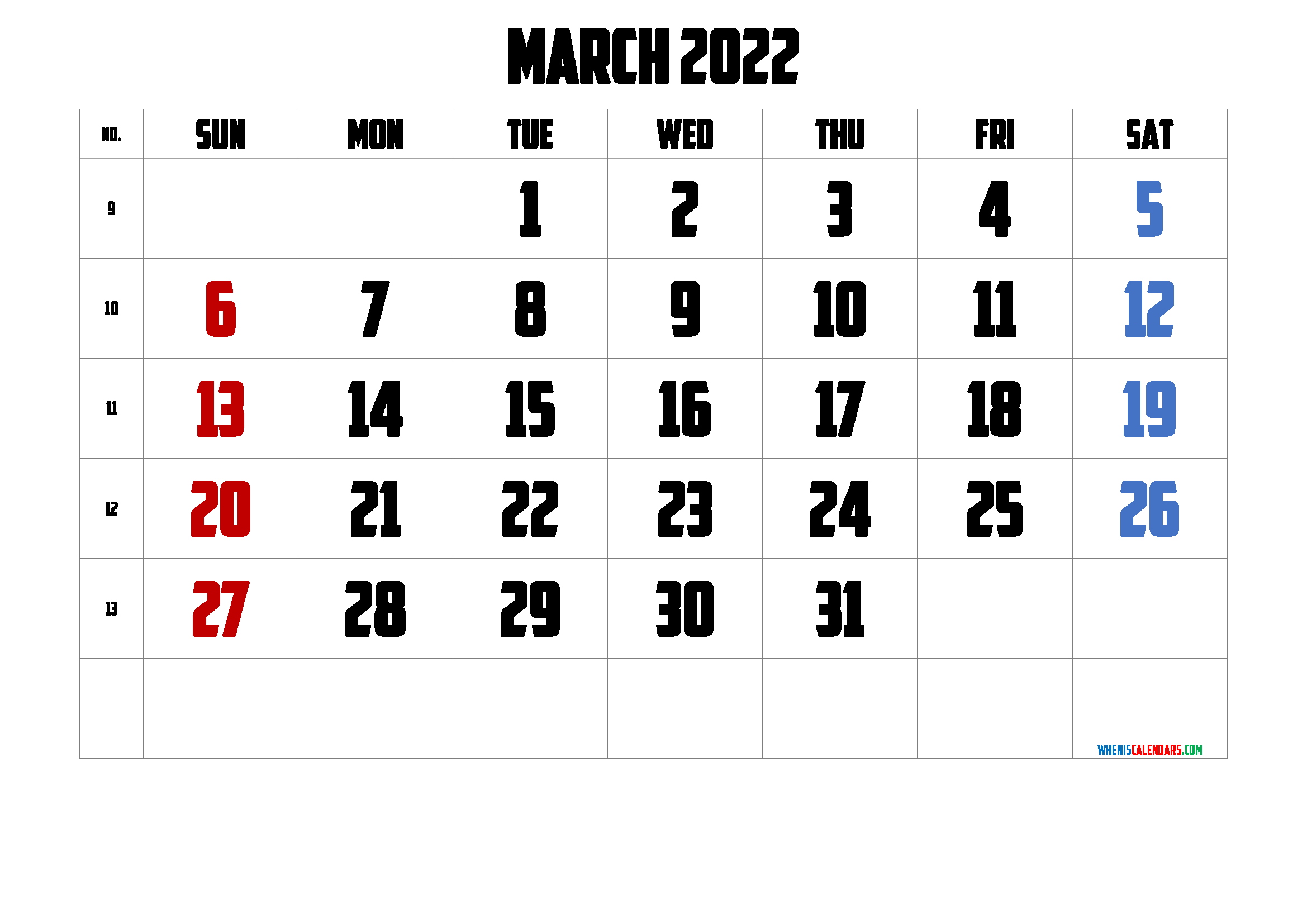 Free March 2022 Calendar Cute