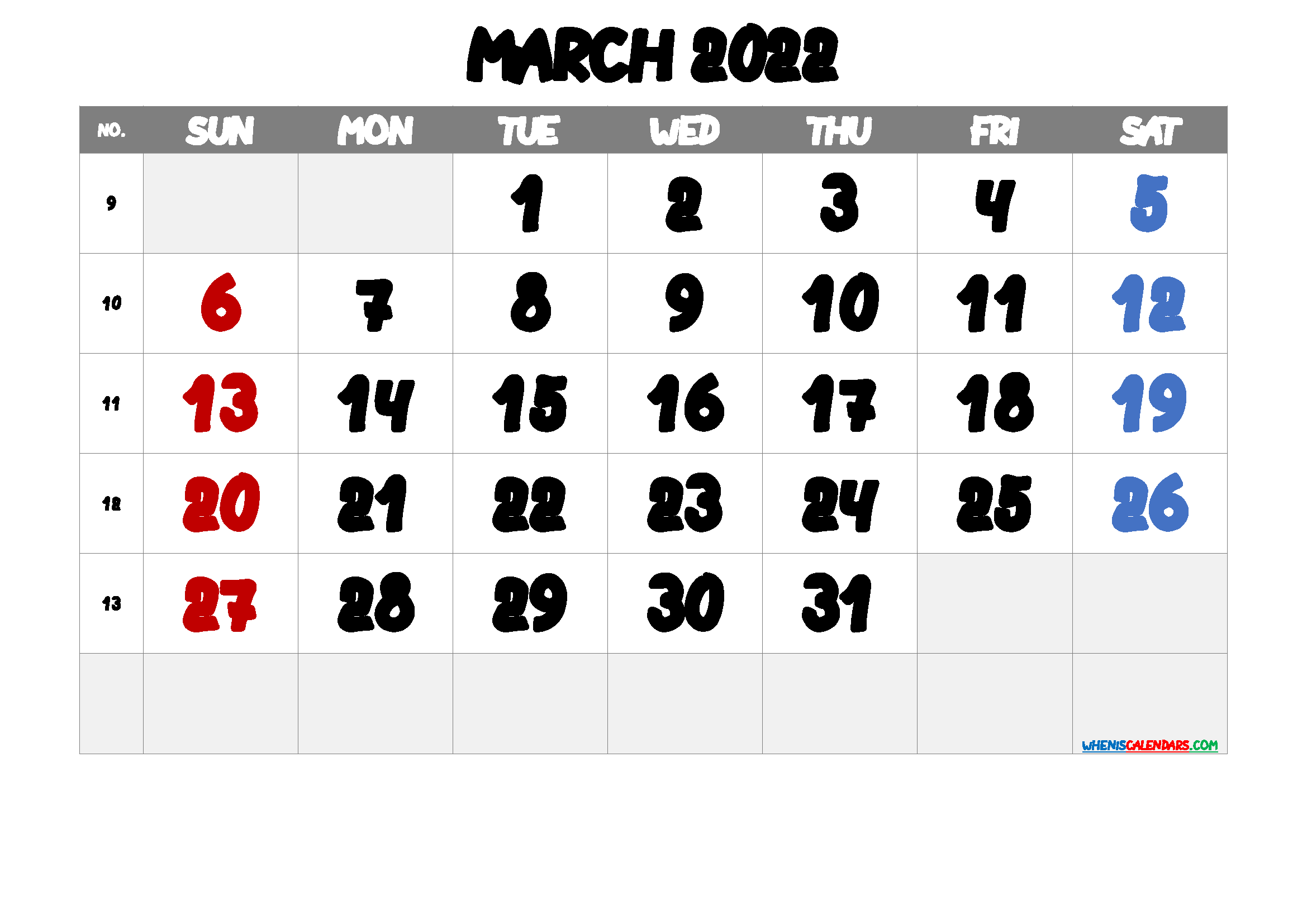 Free Cute March 2022 Calendar