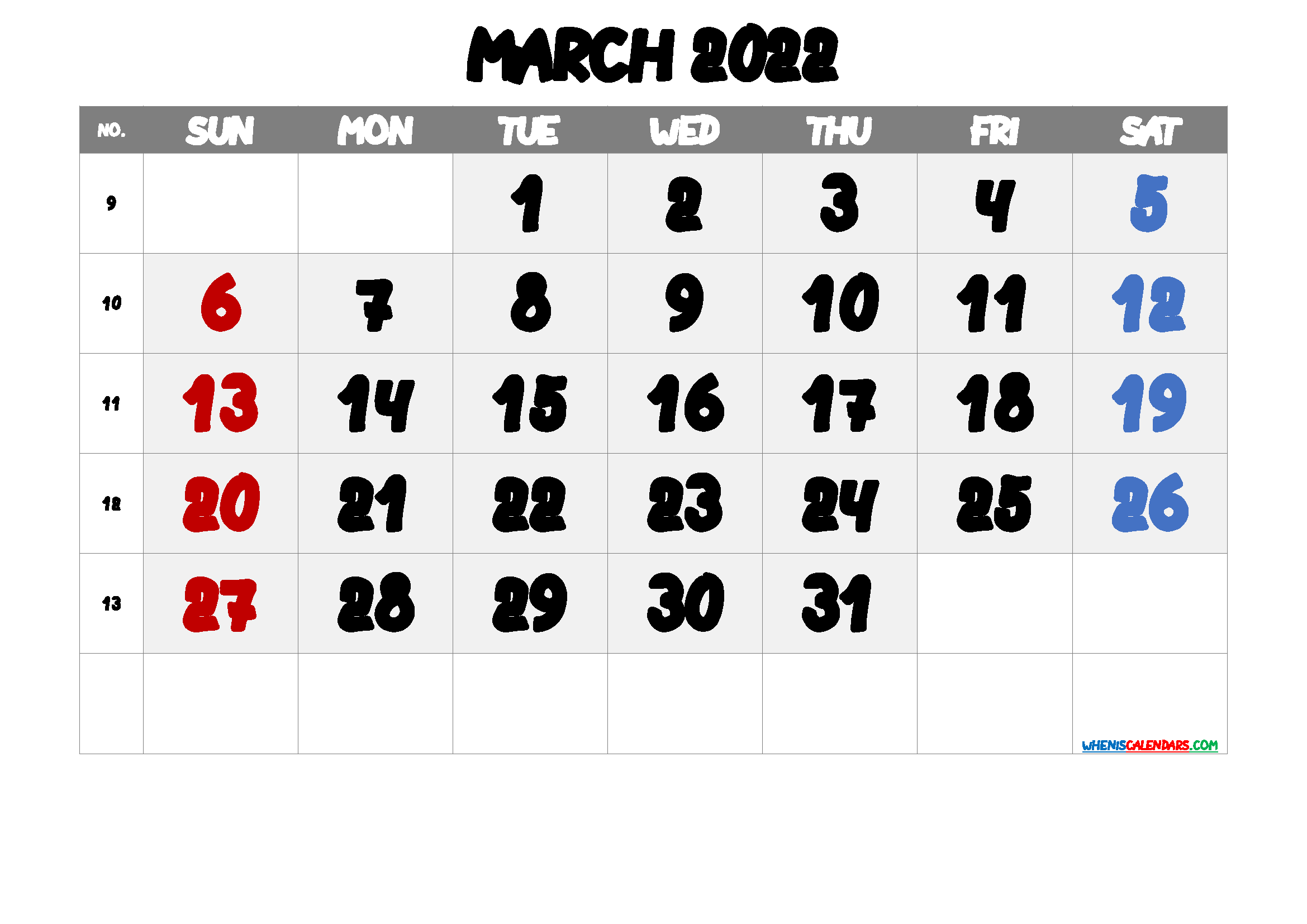 Free March 2022 Calendar Printable Cute