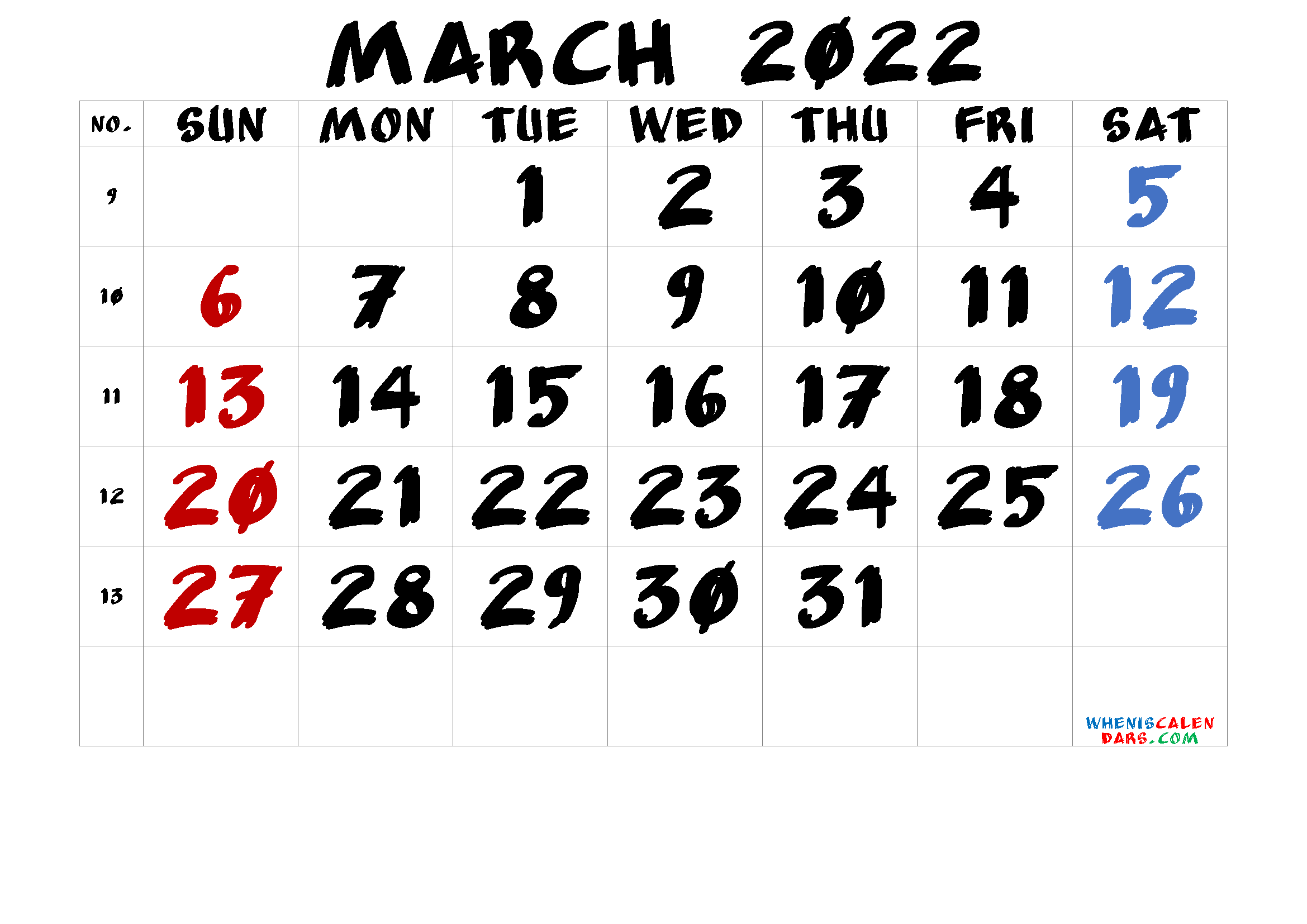 Printable March 2022 Calendar Free
