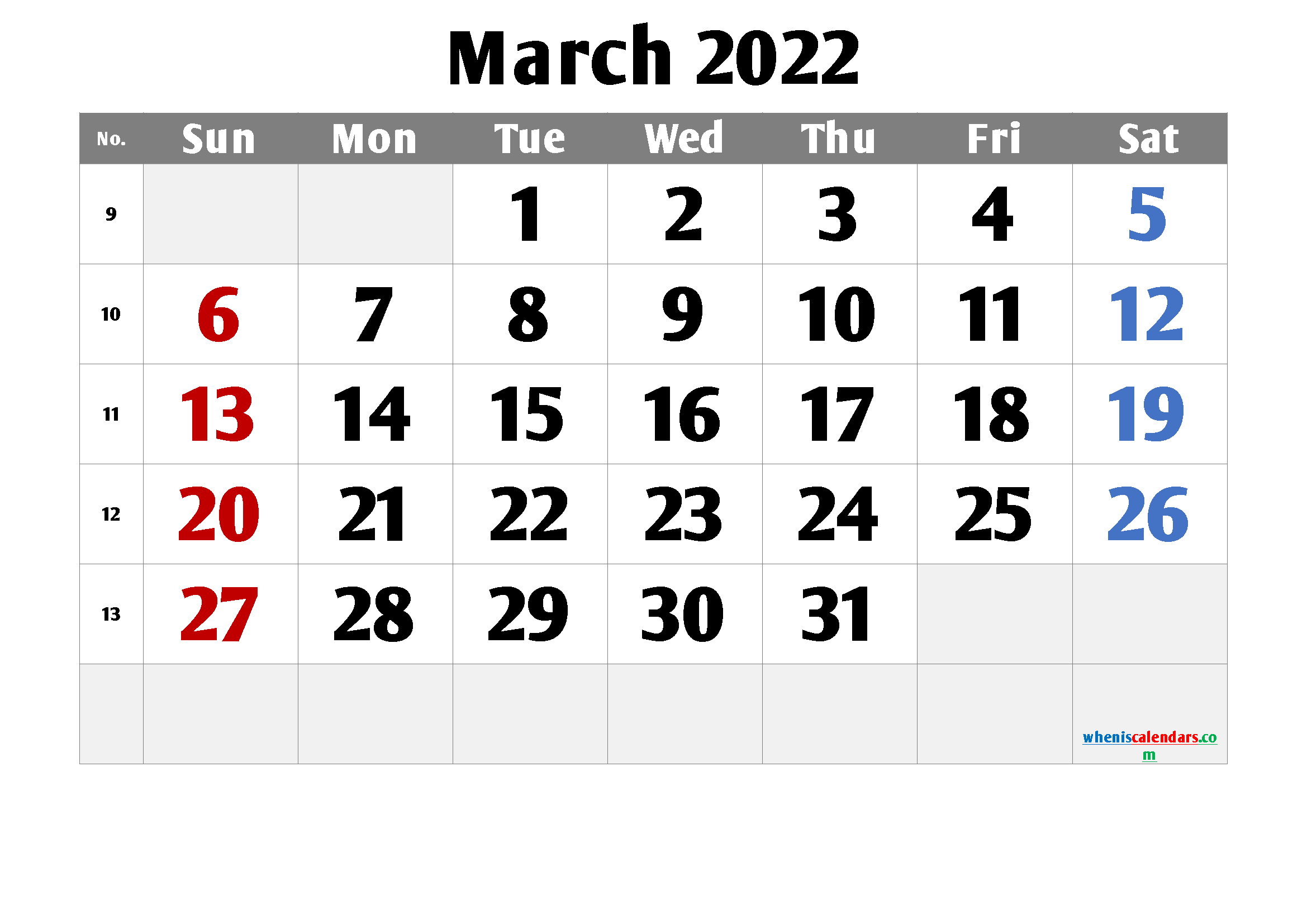 Free Printable March Calendar 2022