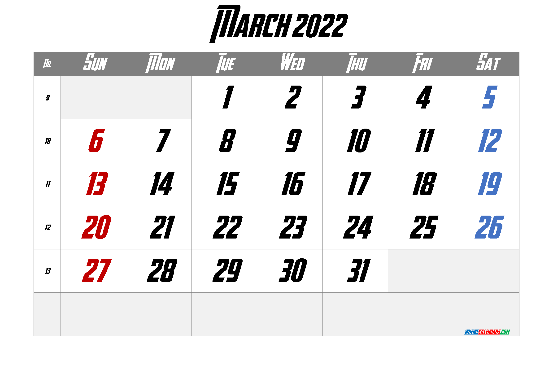 Free March Blank Calendar 2022