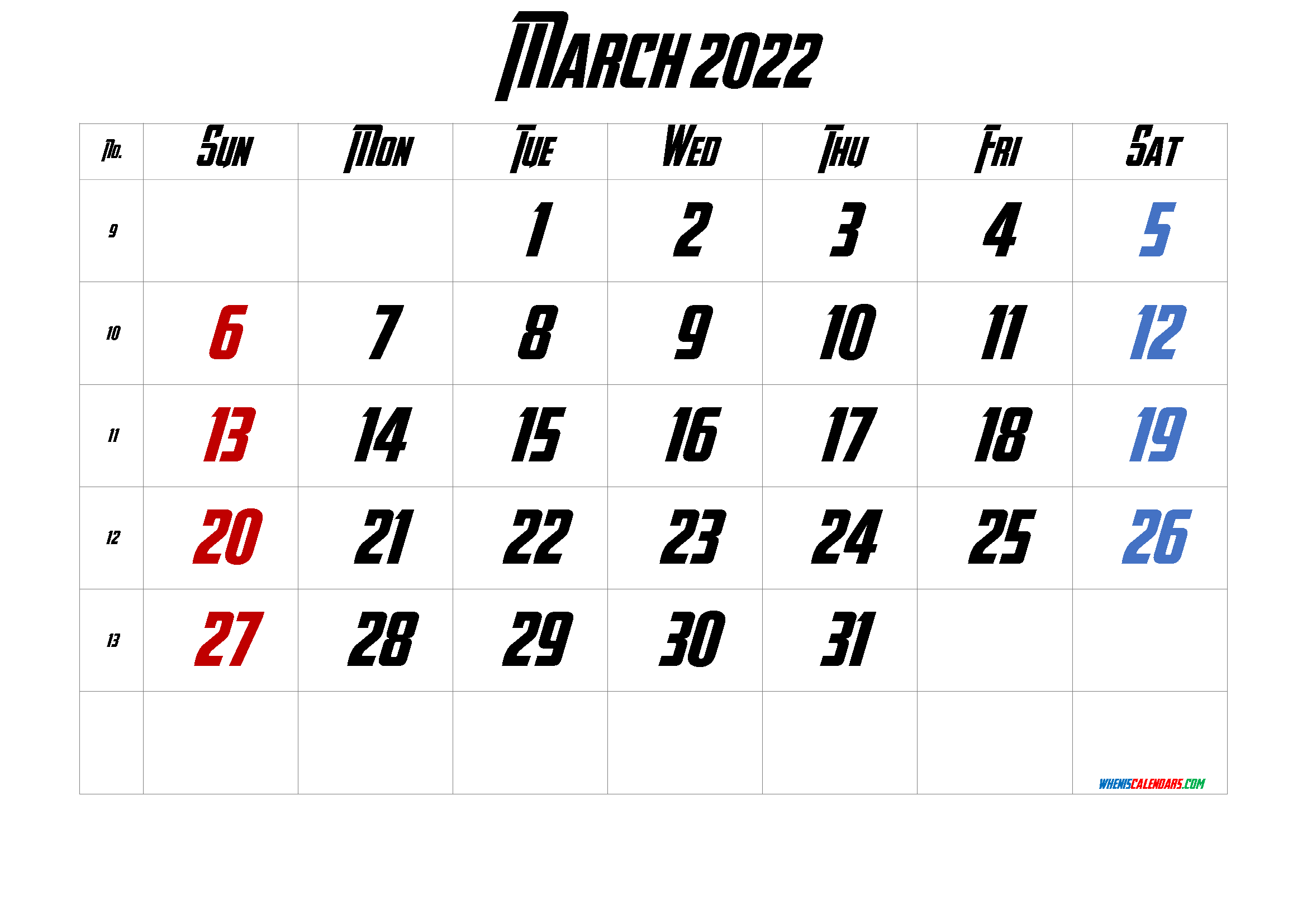 Free Printable 2022 Calendar March