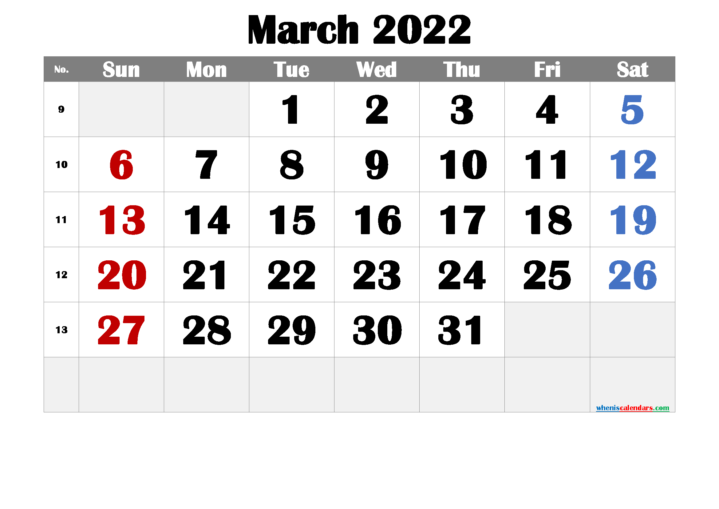 Free March 2022 Calendar Printable