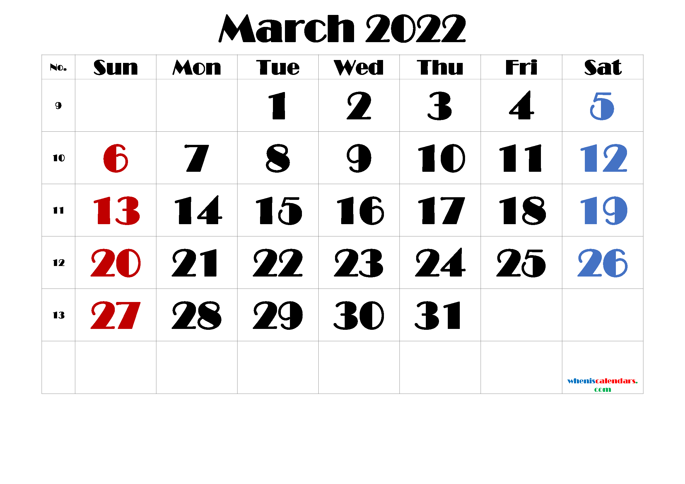 Free March 2022 Calendar with Holidays