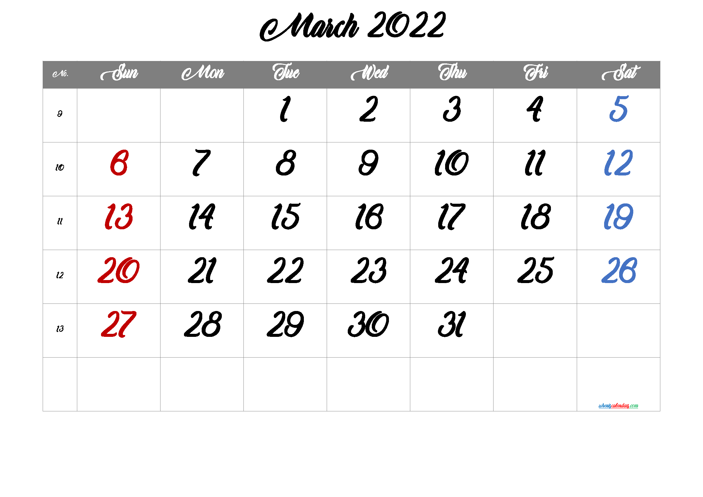 Free March 2022 Calendar Printable Cute