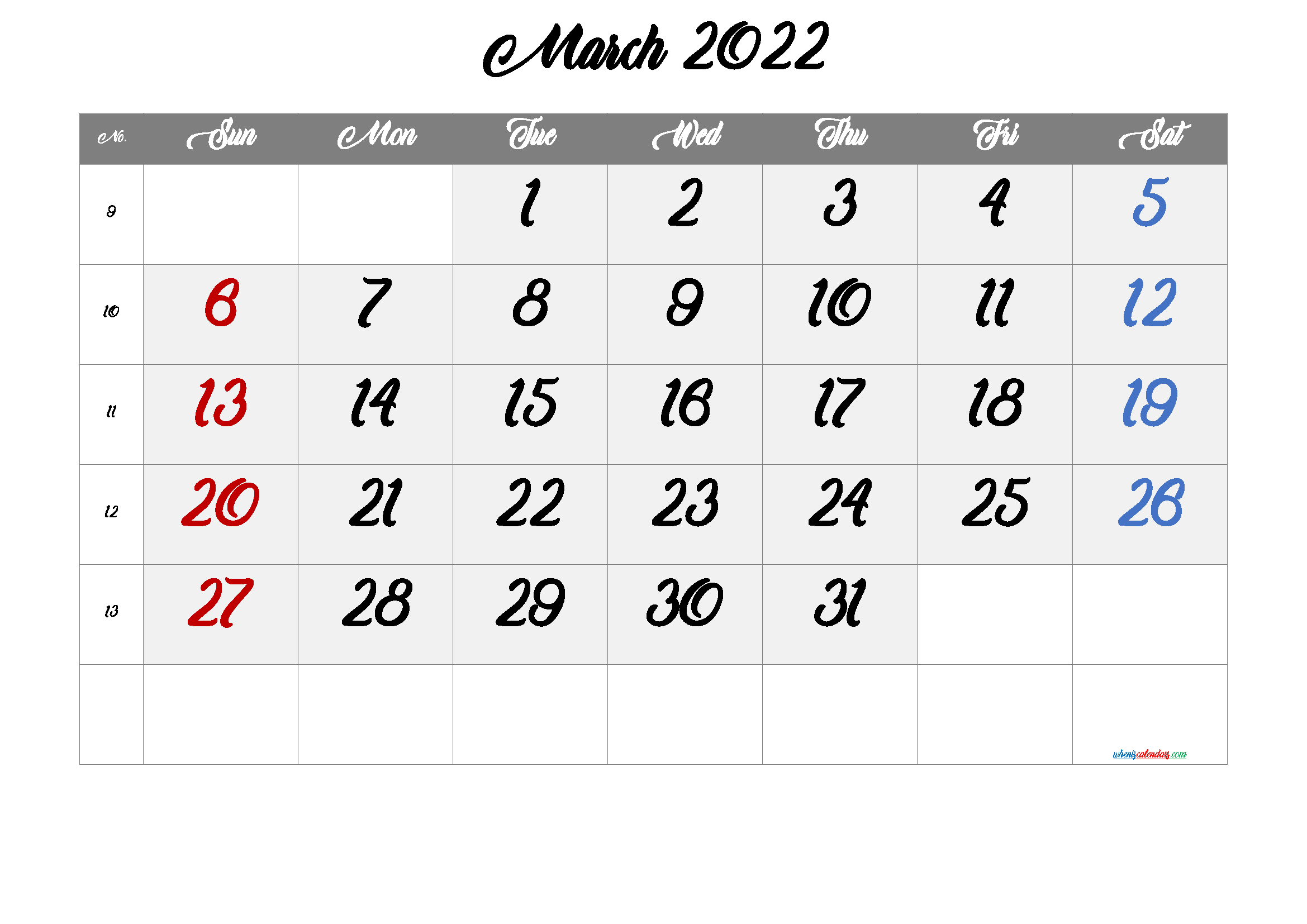 Free Blank Calendar March 2022