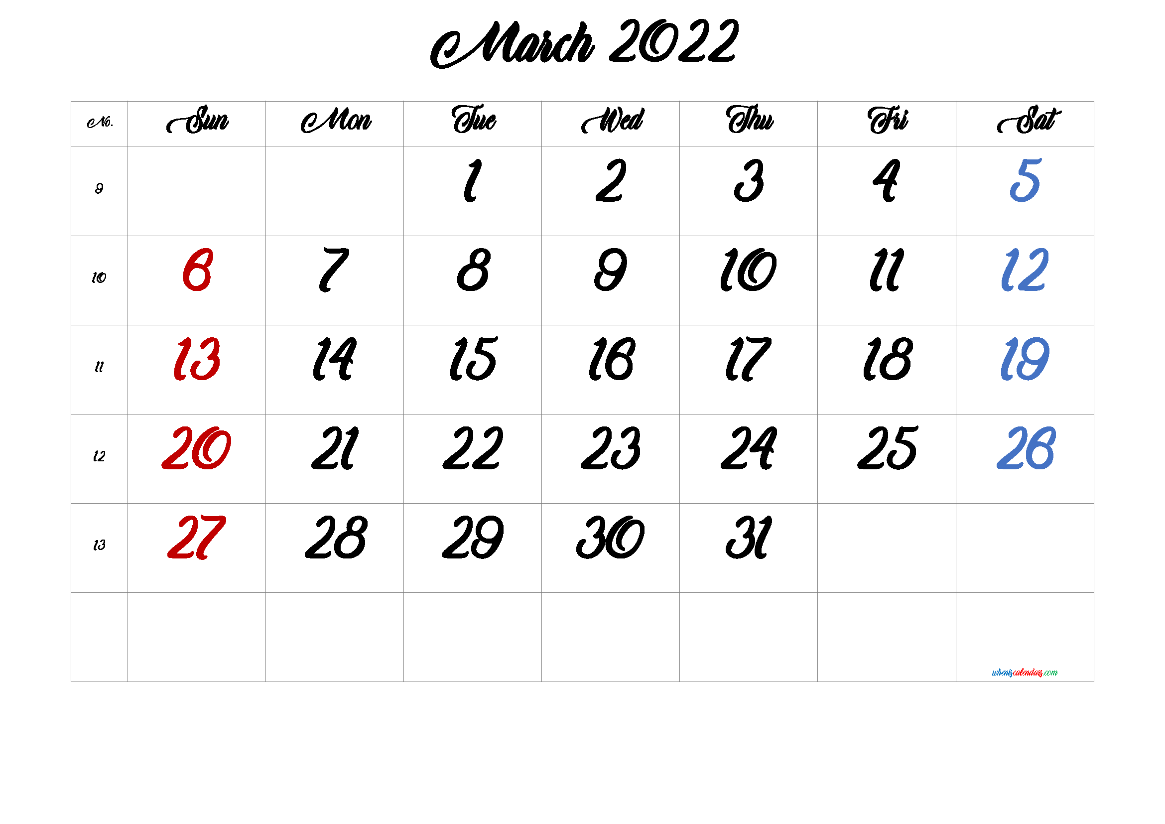 Printable March 2022 Calendar Free