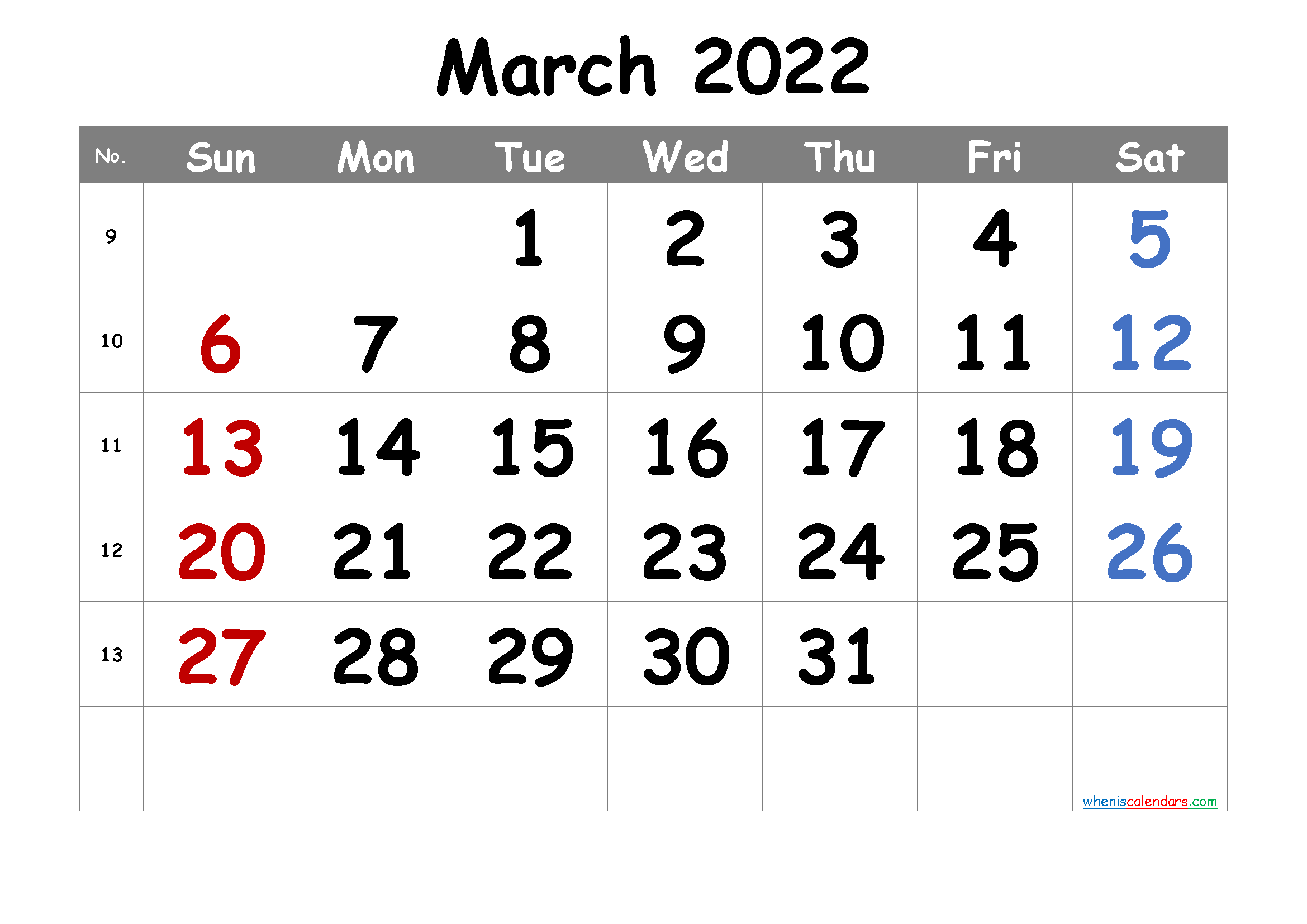 Free Printable Calendar 2022 March
