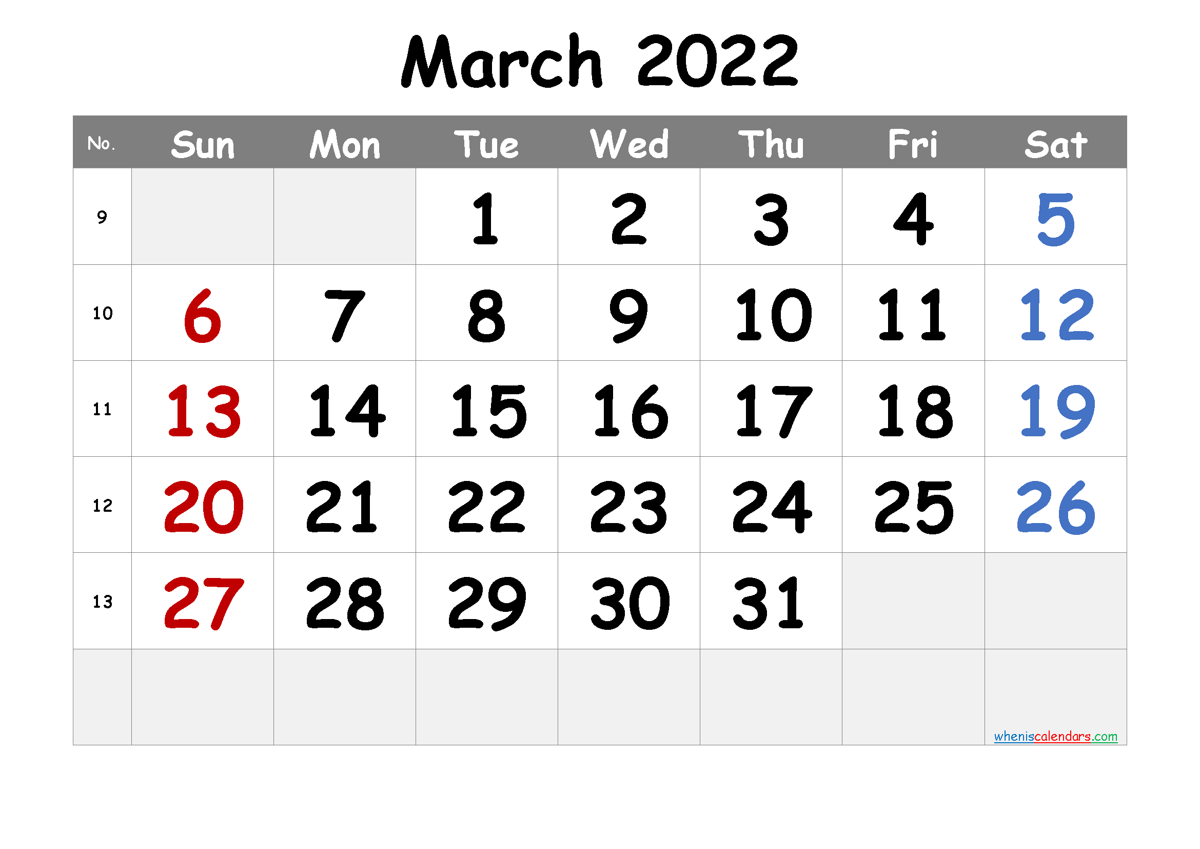Free Cute March 2022 Calendar