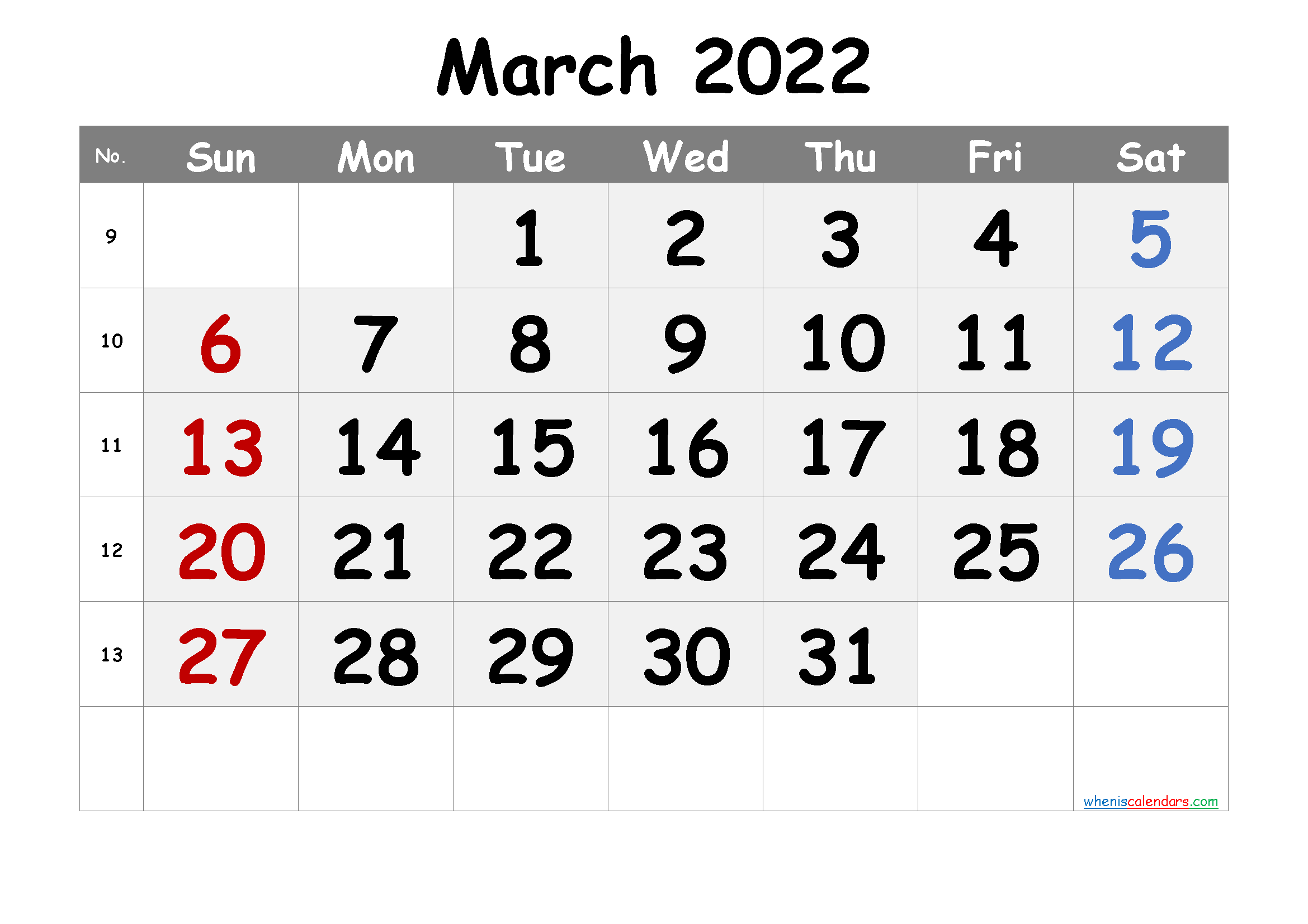Free Printable March 2022 Calendar