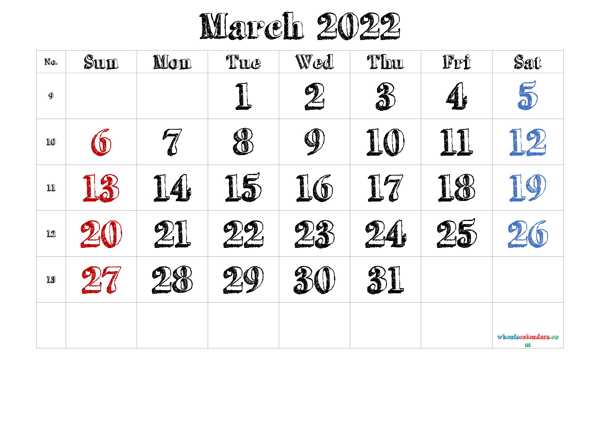 Free March 2022 Calendar Template