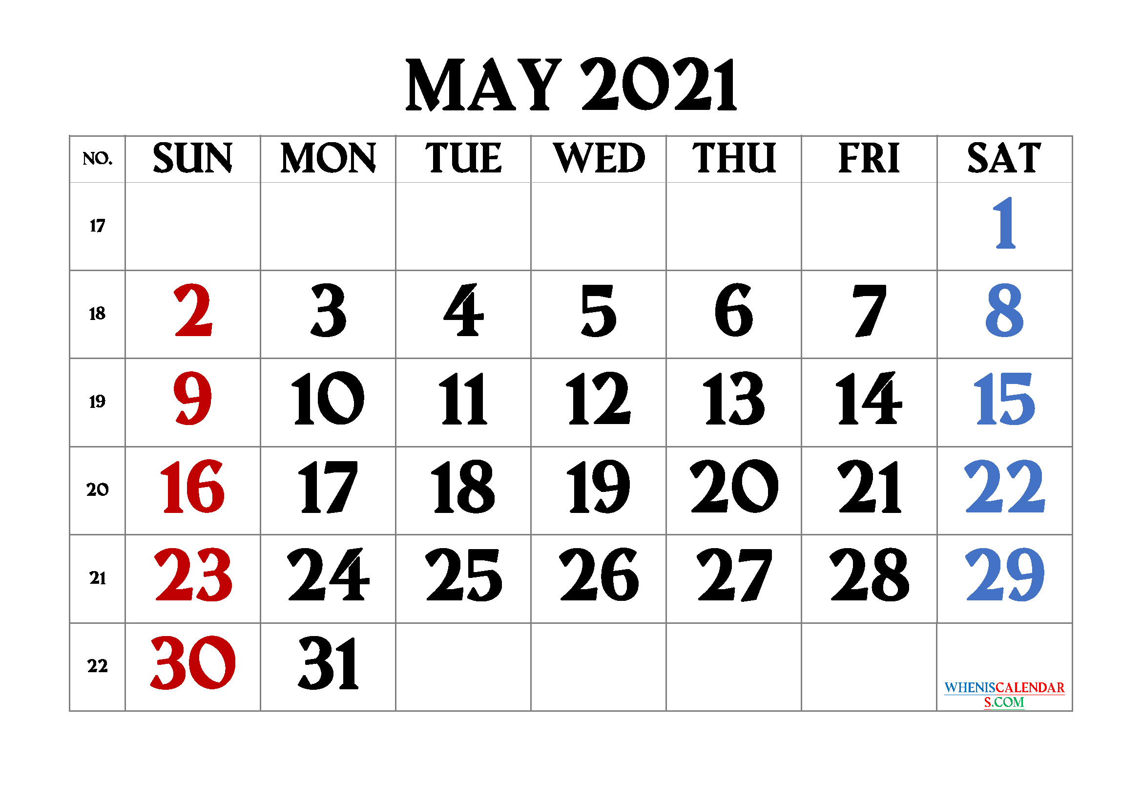 Free May 2021 Calendar Printable