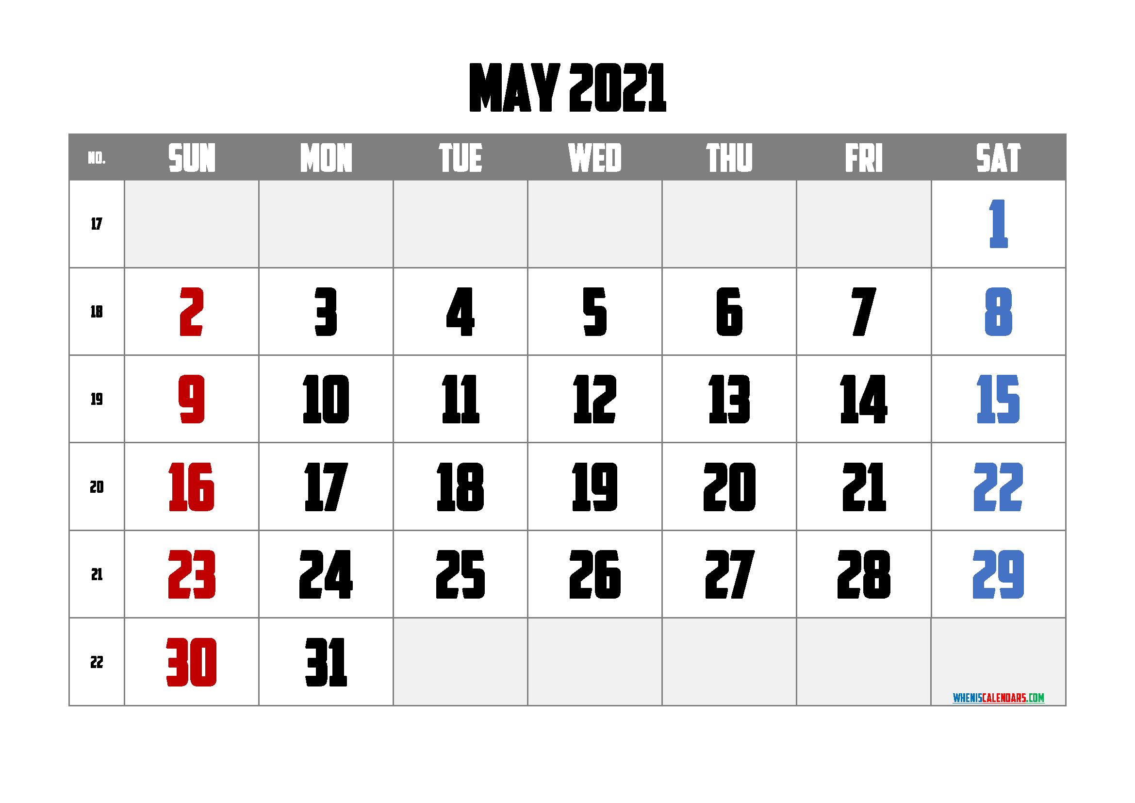 Printable May 2021 Calendar PDF