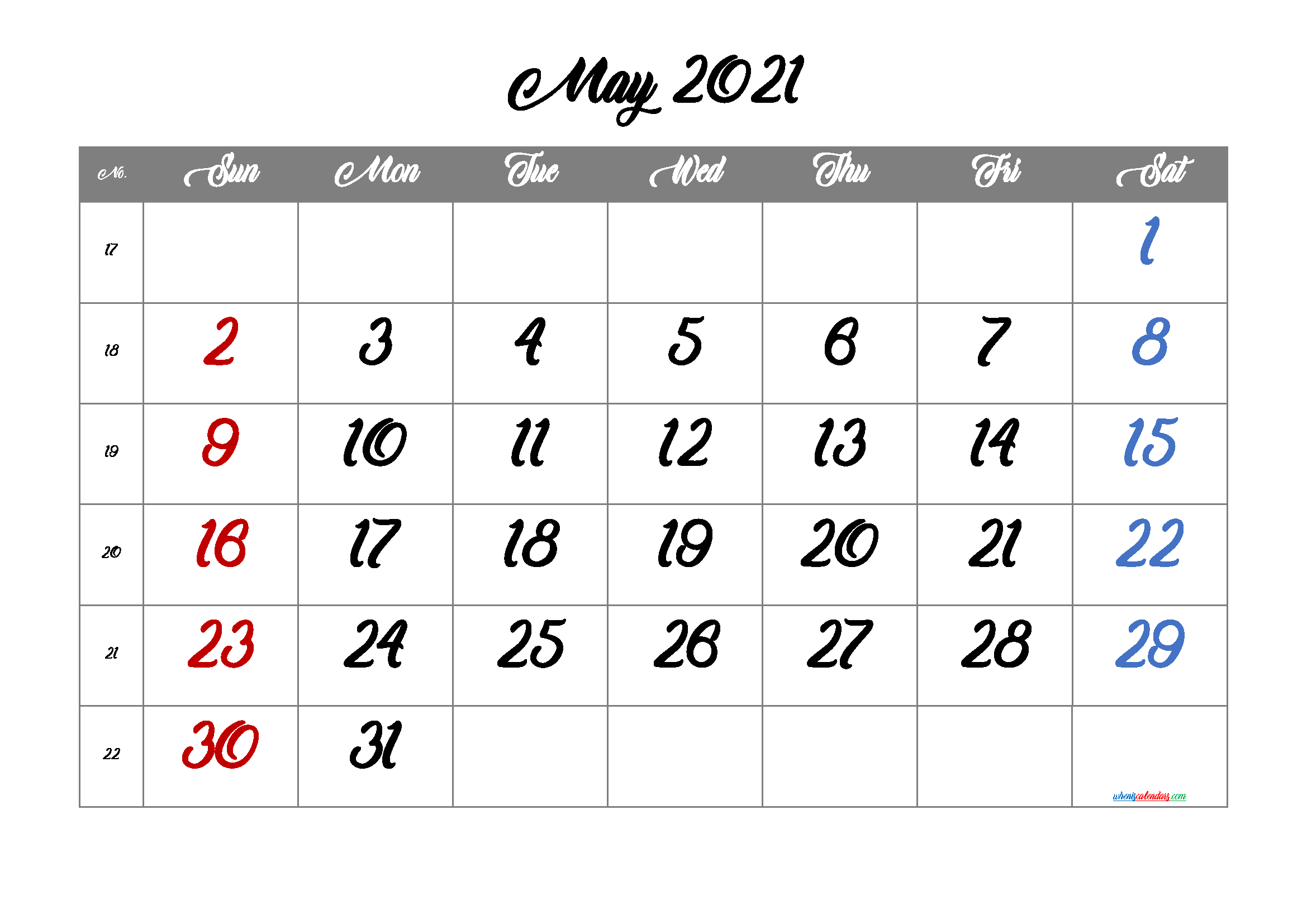 Calendar May 2021 Free Printable