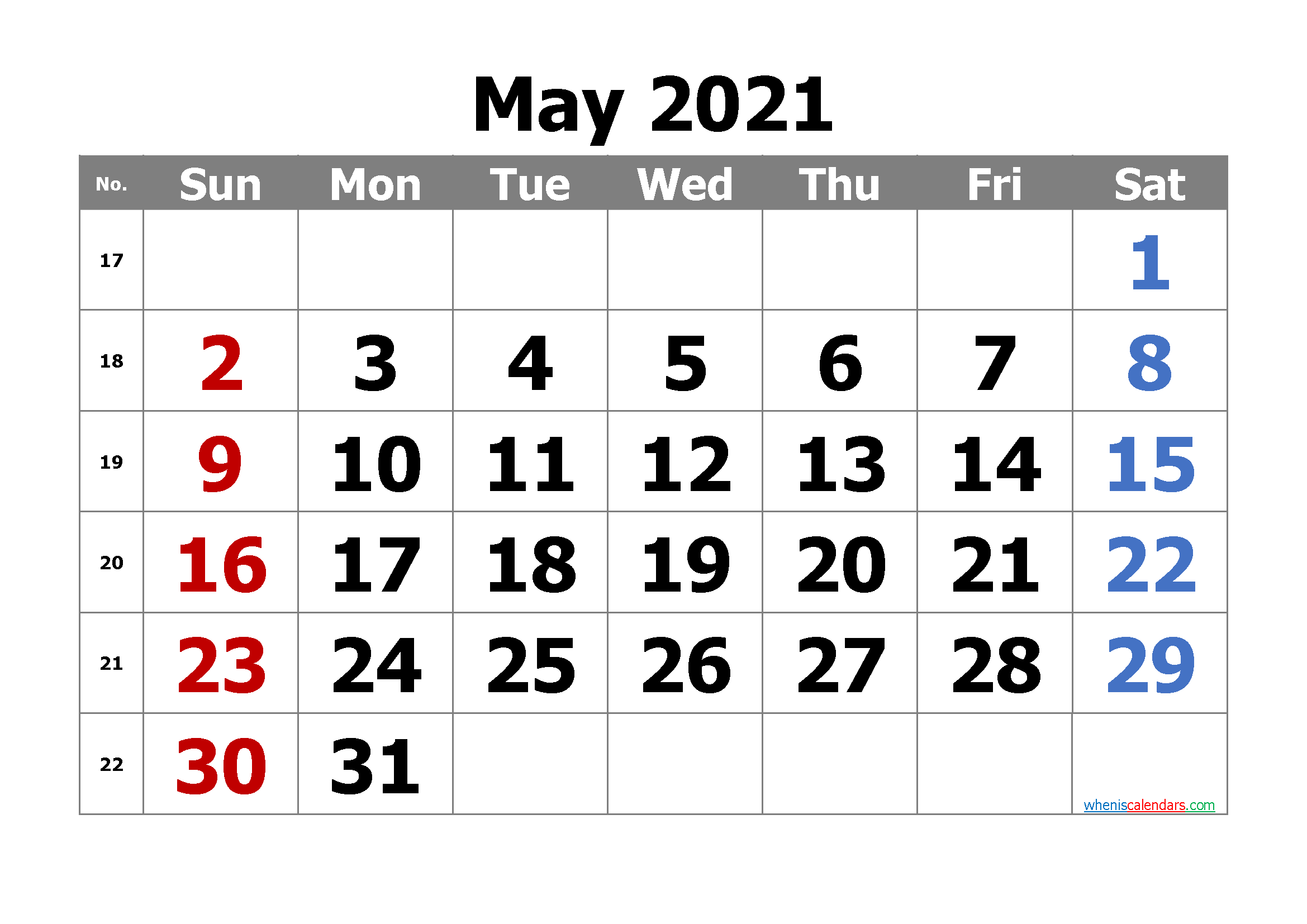 Calendar May 2021 Free Printable