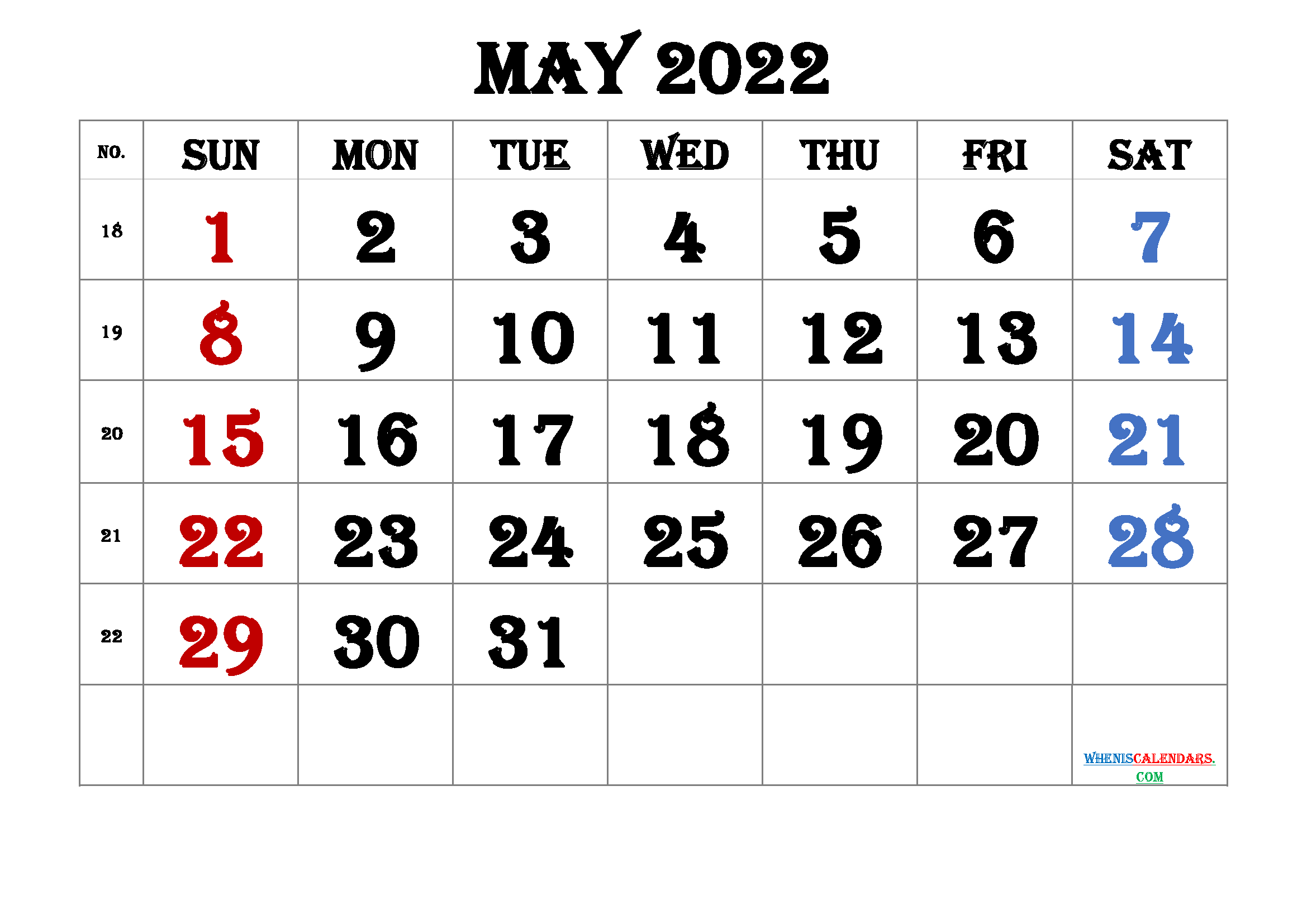 Free May 2022 Calendar with Holidays