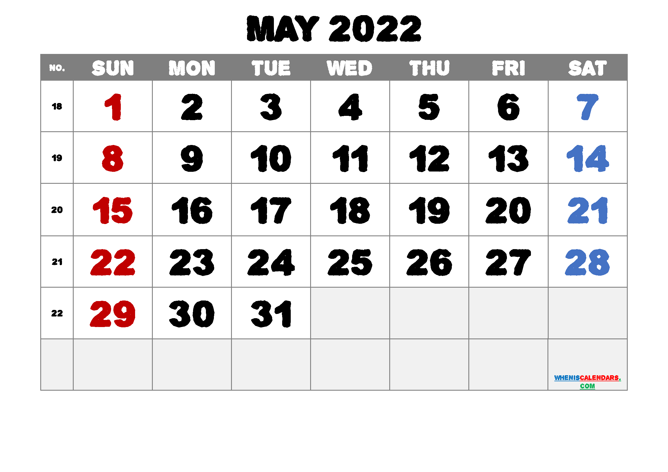 Free May Blank Calendar 2022