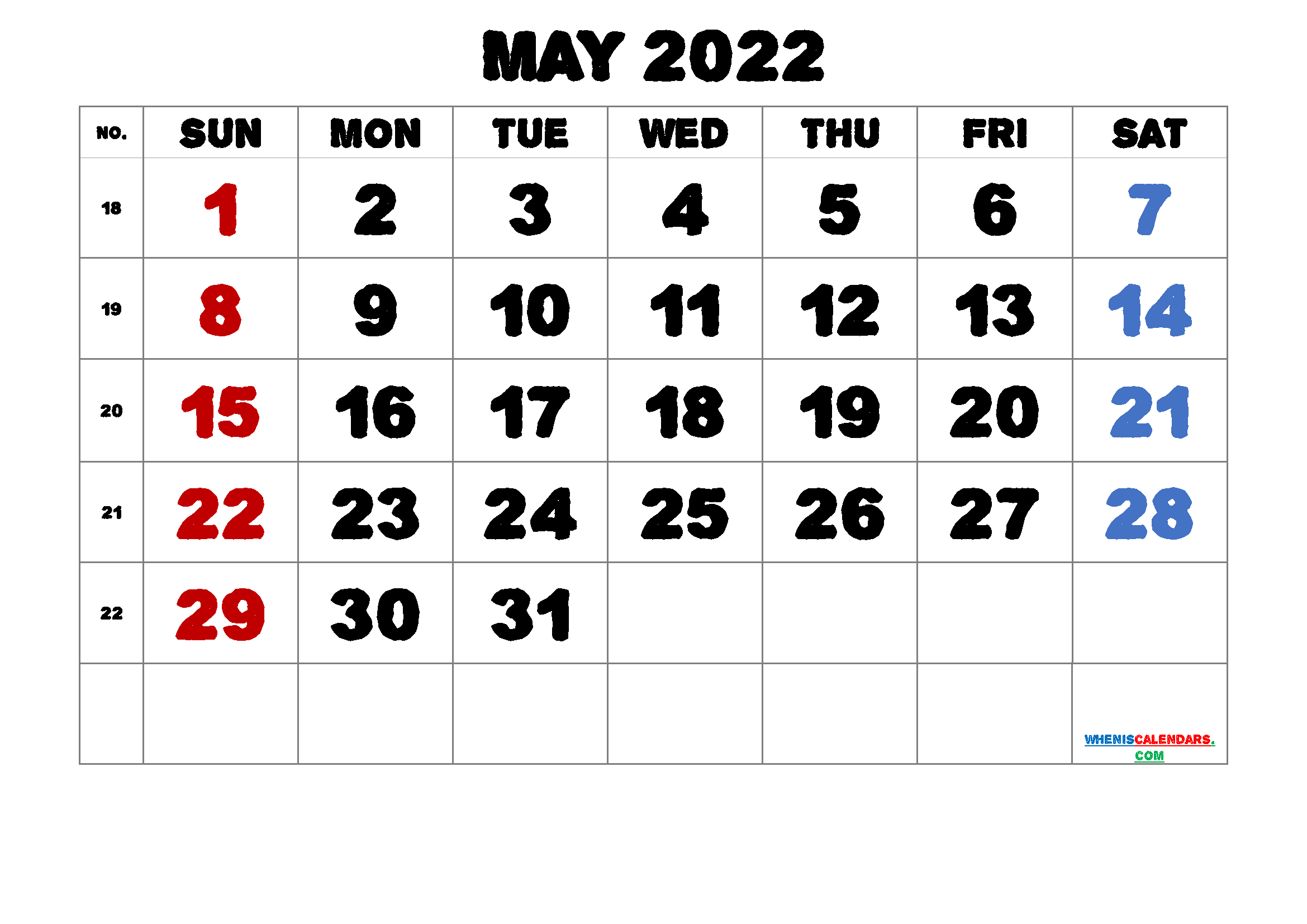 Free Printable 2022 Calendar May