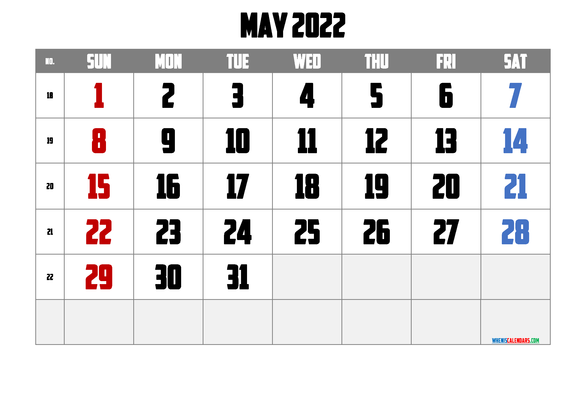 Free May 2022 Calendar with Holidays