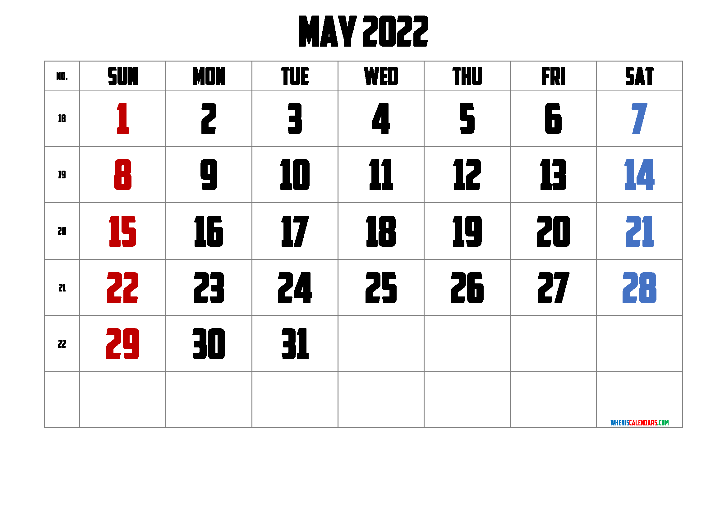 Free Printable May Calendar 2022